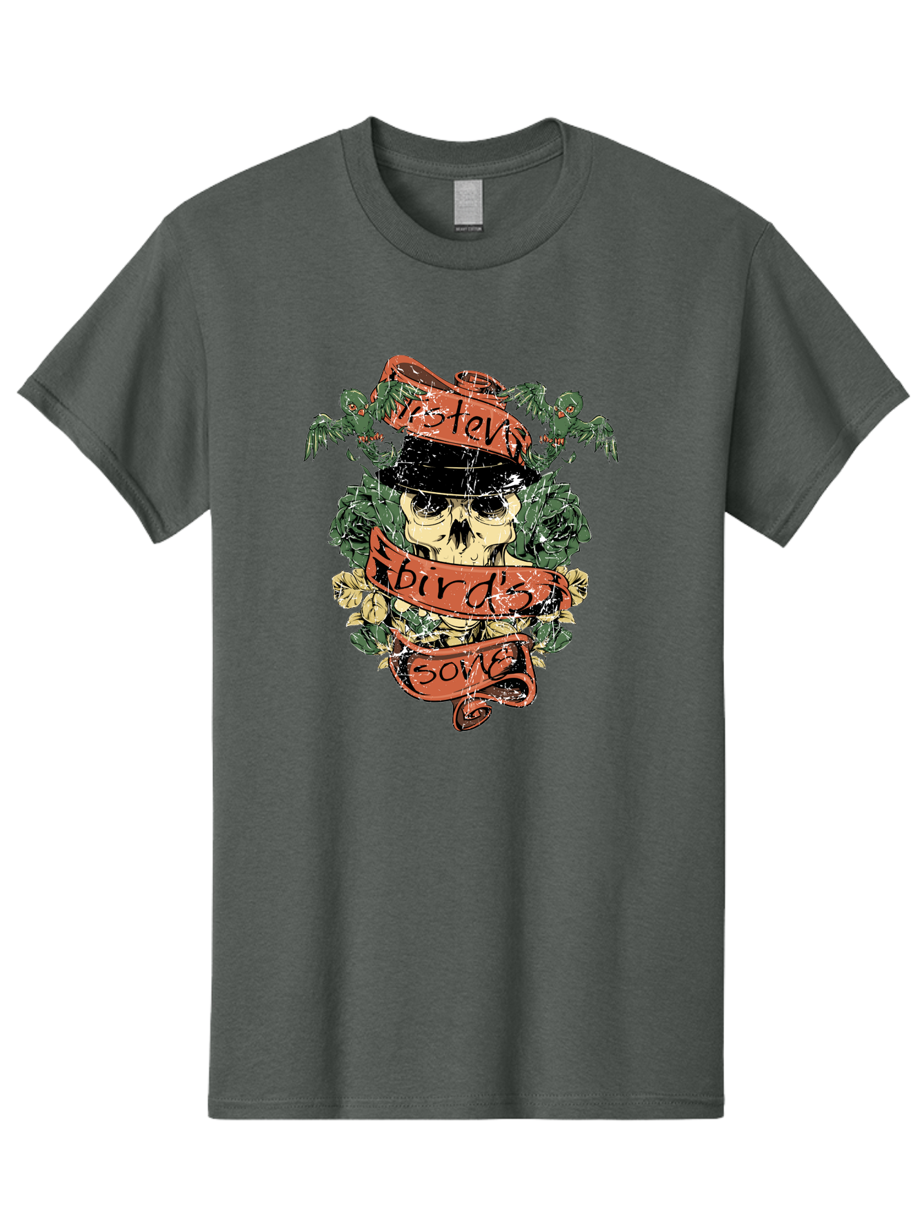 Birds & Bones Men'S Graphic Tee, 100% Cotton, Comfortable Casual Summer Wear, Machine Washable, Skull Wearing Black Hat, Floral Wreath, Red Ribbons, Steve Bird'S Song, Vintage Illustration, Tattoo Art, Grunge Style, Floral Design, Skull Art Aae146