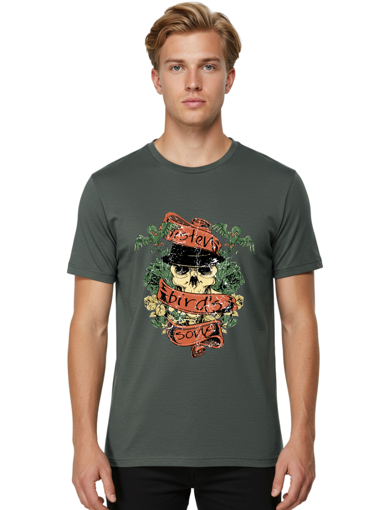 Birds & Bones Men'S Graphic Tee, 100% Cotton, Comfortable Casual Summer Wear, Machine Washable, Skull Wearing Black Hat, Floral Wreath, Red Ribbons, Steve Bird'S Song, Vintage Illustration, Tattoo Art, Grunge Style, Floral Design, Skull Art Aae146