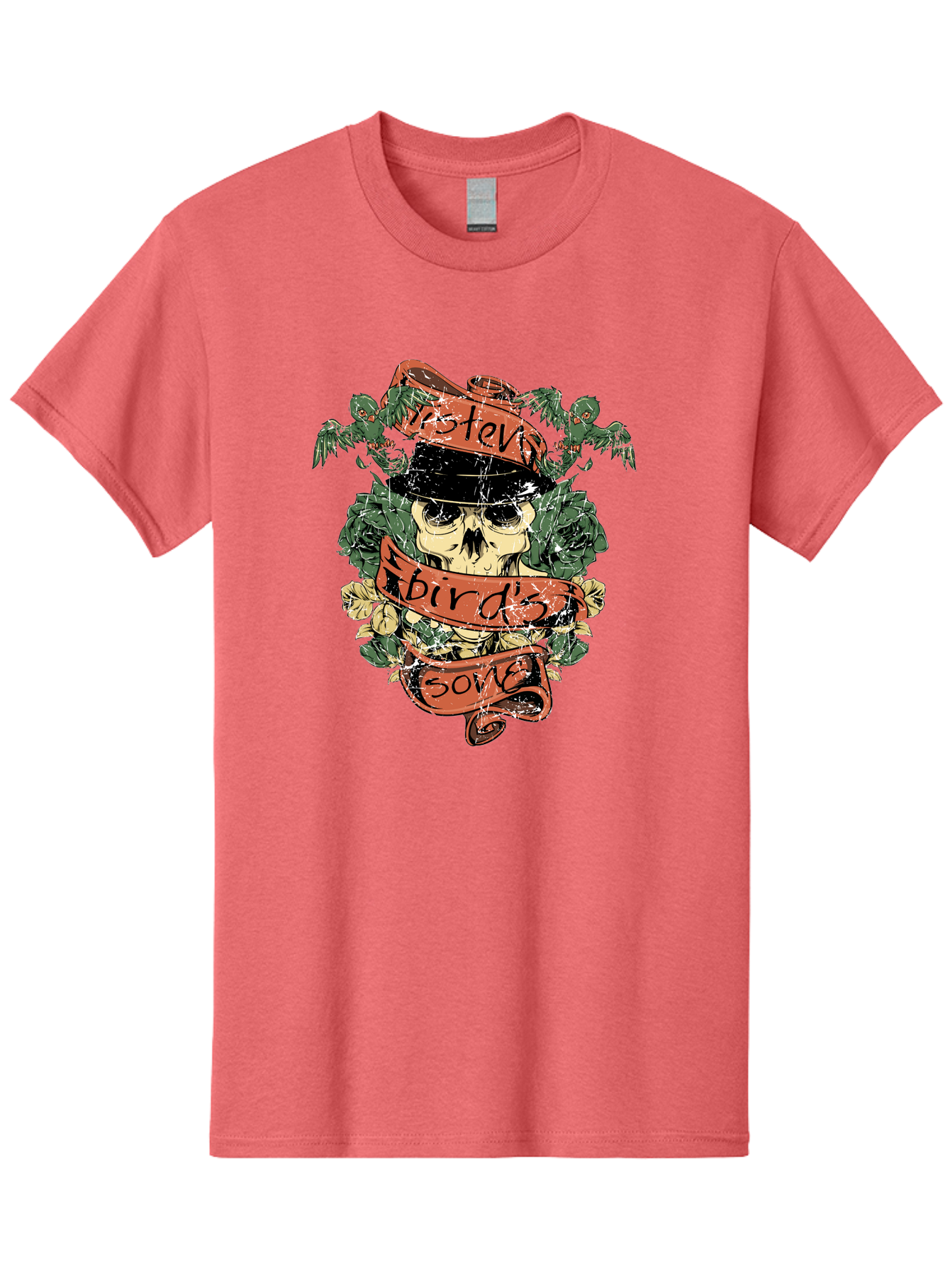 Birds & Bones Men'S Graphic Tee, 100% Cotton, Comfortable Casual Summer Wear, Machine Washable, Skull Wearing Black Hat, Floral Wreath, Red Ribbons, Steve Bird'S Song, Vintage Illustration, Tattoo Art, Grunge Style, Floral Design, Skull Art Aae146