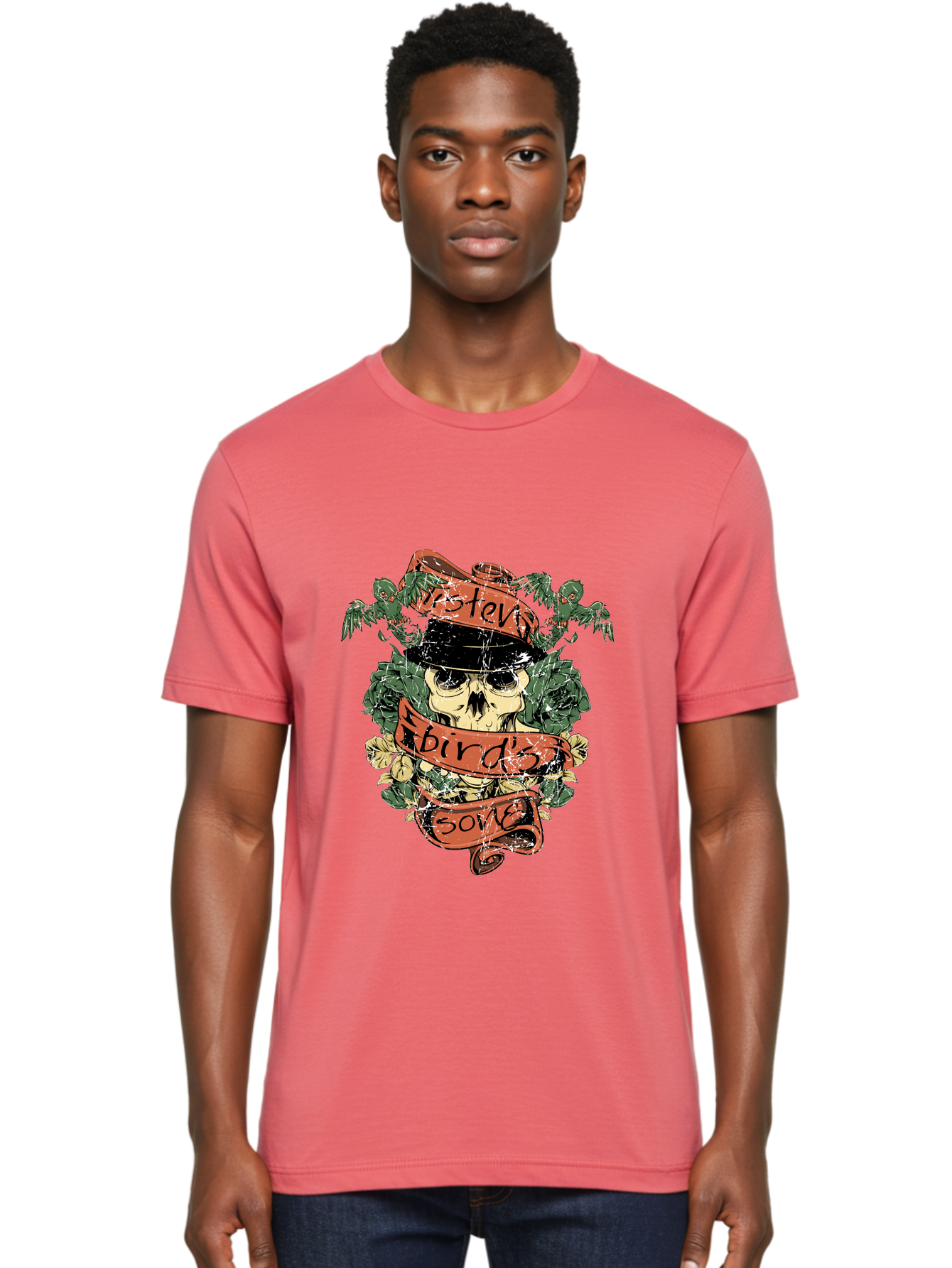 Birds & Bones Men'S Graphic Tee, 100% Cotton, Comfortable Casual Summer Wear, Machine Washable, Skull Wearing Black Hat, Floral Wreath, Red Ribbons, Steve Bird'S Song, Vintage Illustration, Tattoo Art, Grunge Style, Floral Design, Skull Art Aae146