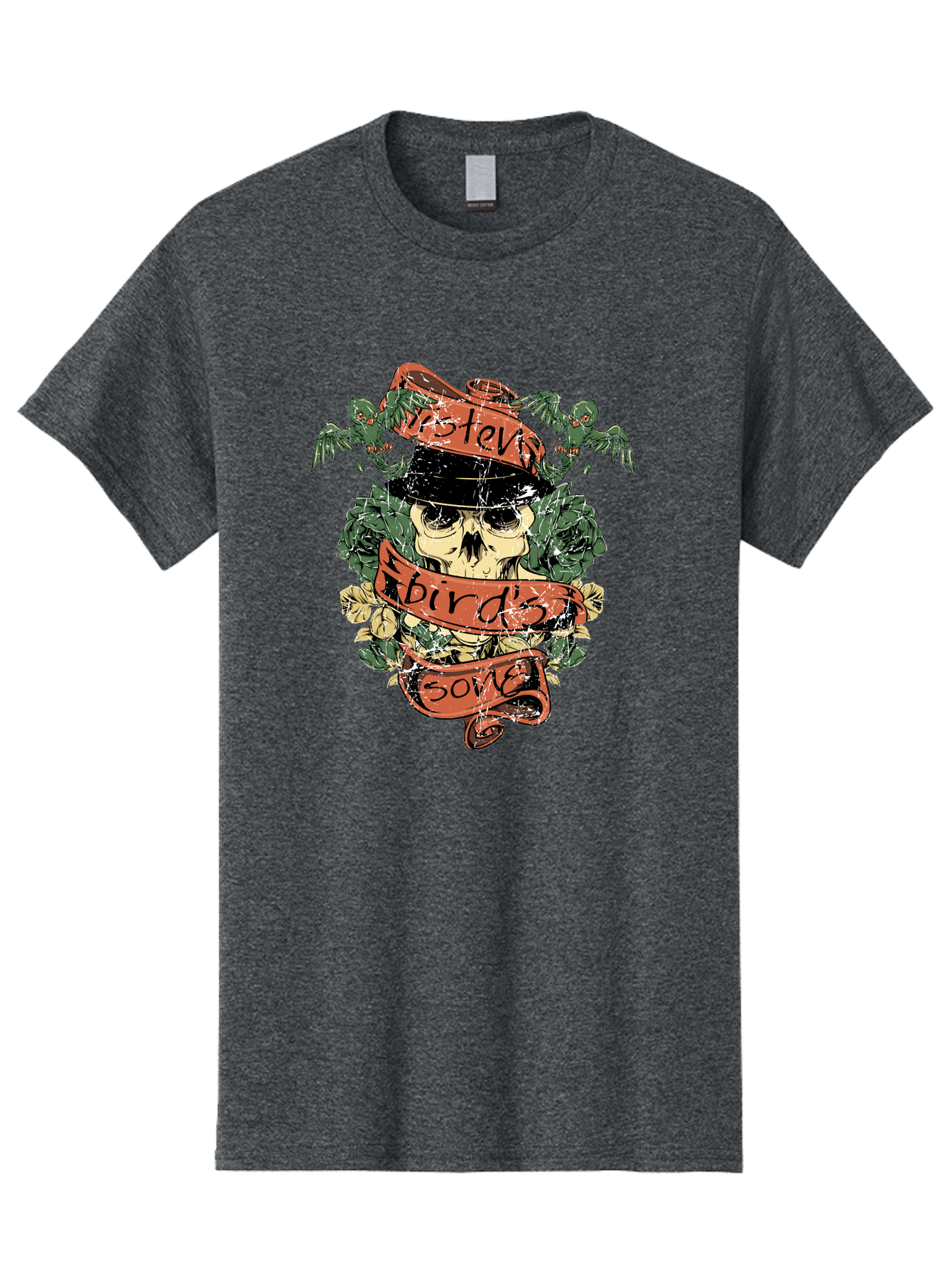 Birds & Bones Men'S Graphic Tee, 100% Cotton, Comfortable Casual Summer Wear, Machine Washable, Skull Wearing Black Hat, Floral Wreath, Red Ribbons, Steve Bird'S Song, Vintage Illustration, Tattoo Art, Grunge Style, Floral Design, Skull Art Aae146