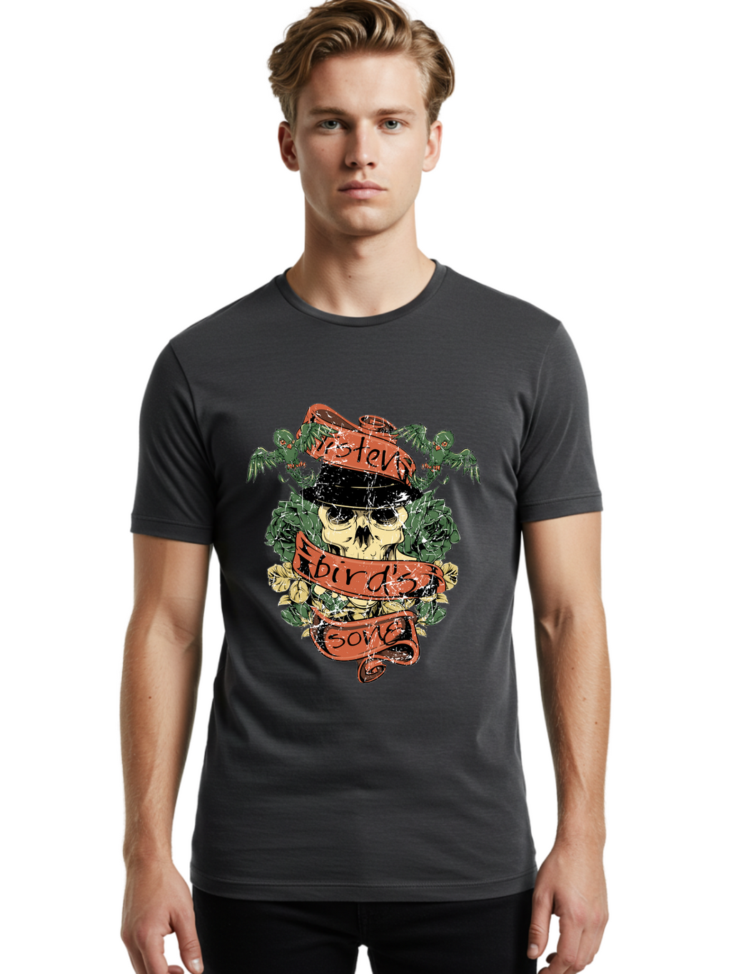 Birds & Bones Men'S Graphic Tee, 100% Cotton, Comfortable Casual Summer Wear, Machine Washable, Skull Wearing Black Hat, Floral Wreath, Red Ribbons, Steve Bird'S Song, Vintage Illustration, Tattoo Art, Grunge Style, Floral Design, Skull Art Aae146
