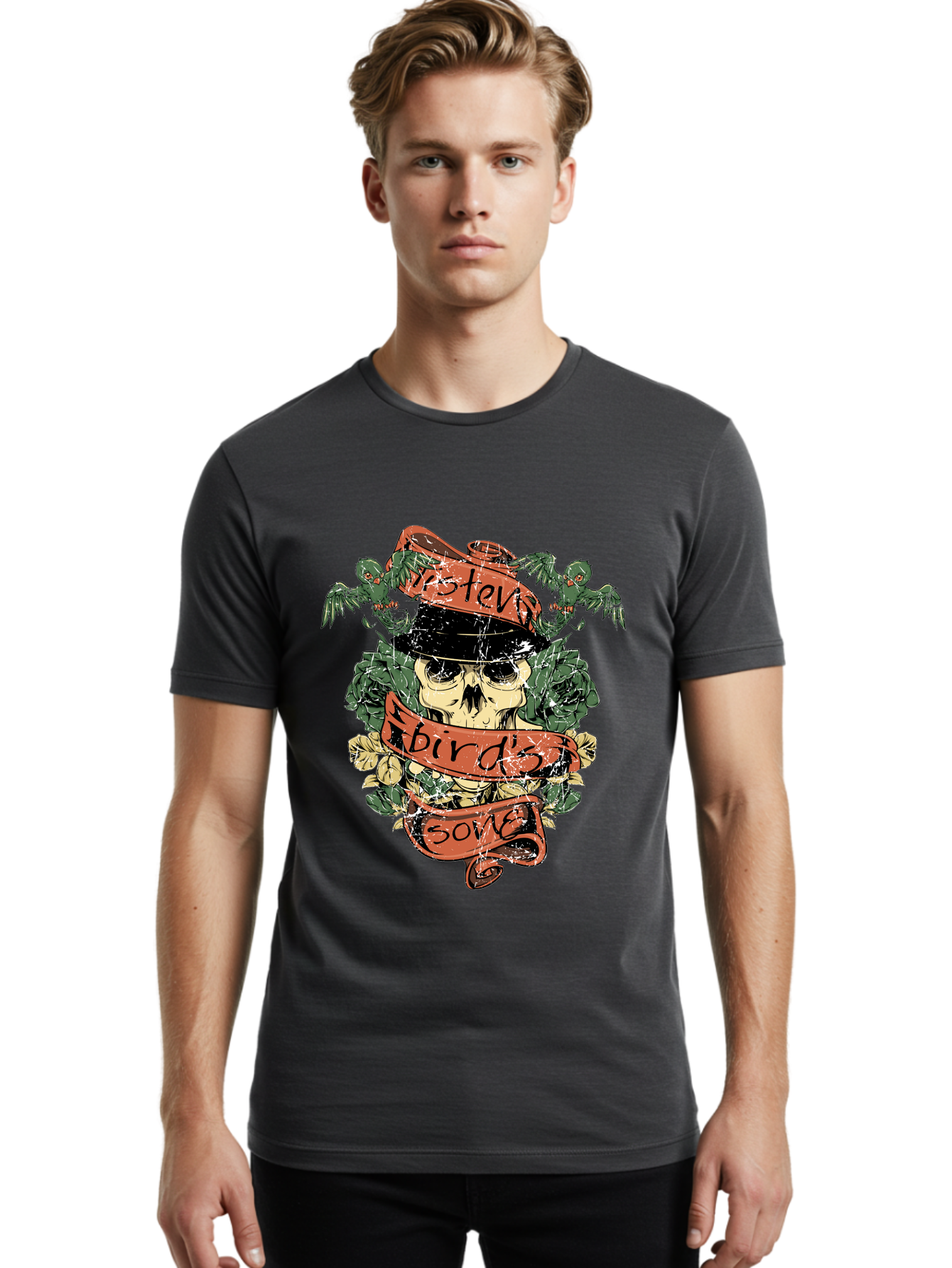 Birds & Bones Men'S Graphic Tee, 100% Cotton, Comfortable Casual Summer Wear, Machine Washable, Skull Wearing Black Hat, Floral Wreath, Red Ribbons, Steve Bird'S Song, Vintage Illustration, Tattoo Art, Grunge Style, Floral Design, Skull Art Aae146