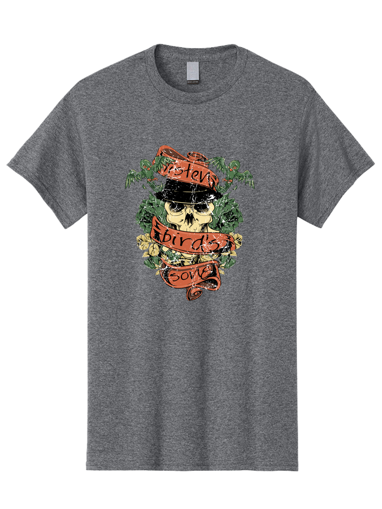 Birds & Bones Men'S Graphic Tee, 100% Cotton, Comfortable Casual Summer Wear, Machine Washable, Skull Wearing Black Hat, Floral Wreath, Red Ribbons, Steve Bird'S Song, Vintage Illustration, Tattoo Art, Grunge Style, Floral Design, Skull Art Aae146