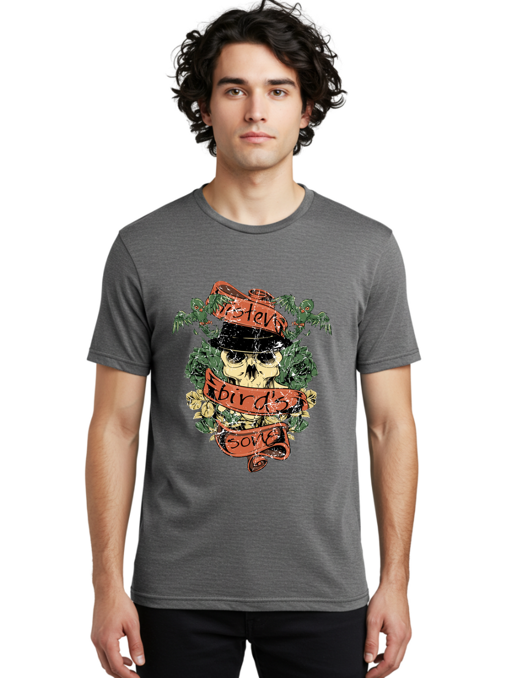 Birds & Bones Men'S Graphic Tee, 100% Cotton, Comfortable Casual Summer Wear, Machine Washable, Skull Wearing Black Hat, Floral Wreath, Red Ribbons, Steve Bird'S Song, Vintage Illustration, Tattoo Art, Grunge Style, Floral Design, Skull Art Aae146
