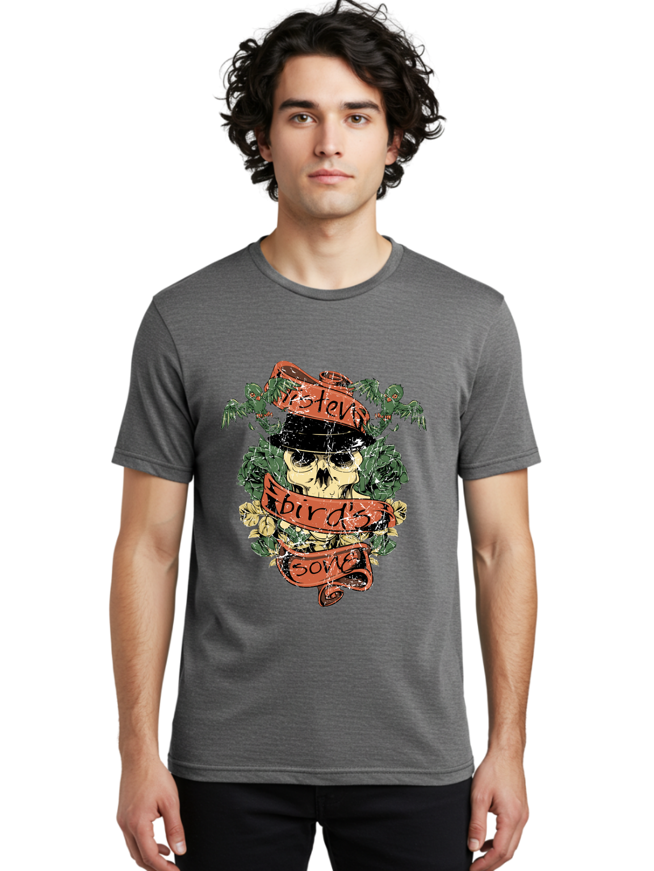 Birds & Bones Men'S Graphic Tee, 100% Cotton, Comfortable Casual Summer Wear, Machine Washable, Skull Wearing Black Hat, Floral Wreath, Red Ribbons, Steve Bird'S Song, Vintage Illustration, Tattoo Art, Grunge Style, Floral Design, Skull Art Aae146