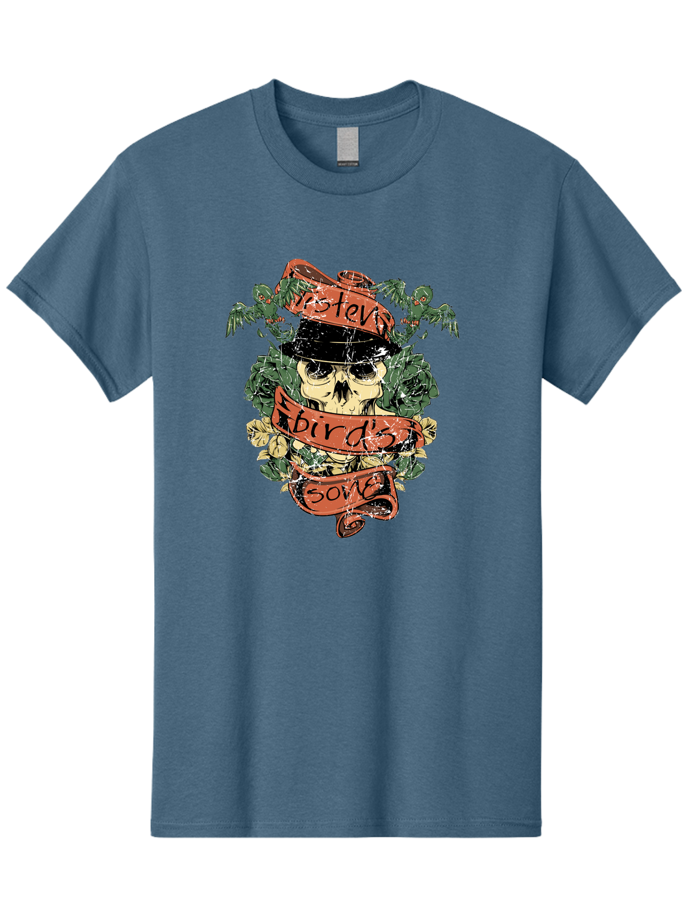 Birds & Bones Men'S Graphic Tee, 100% Cotton, Comfortable Casual Summer Wear, Machine Washable, Skull Wearing Black Hat, Floral Wreath, Red Ribbons, Steve Bird'S Song, Vintage Illustration, Tattoo Art, Grunge Style, Floral Design, Skull Art Aae146