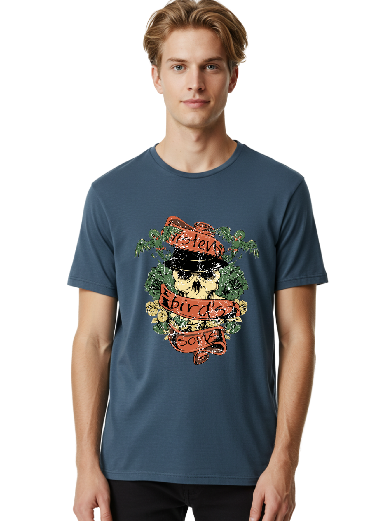 Birds & Bones Men'S Graphic Tee, 100% Cotton, Comfortable Casual Summer Wear, Machine Washable, Skull Wearing Black Hat, Floral Wreath, Red Ribbons, Steve Bird'S Song, Vintage Illustration, Tattoo Art, Grunge Style, Floral Design, Skull Art Aae146