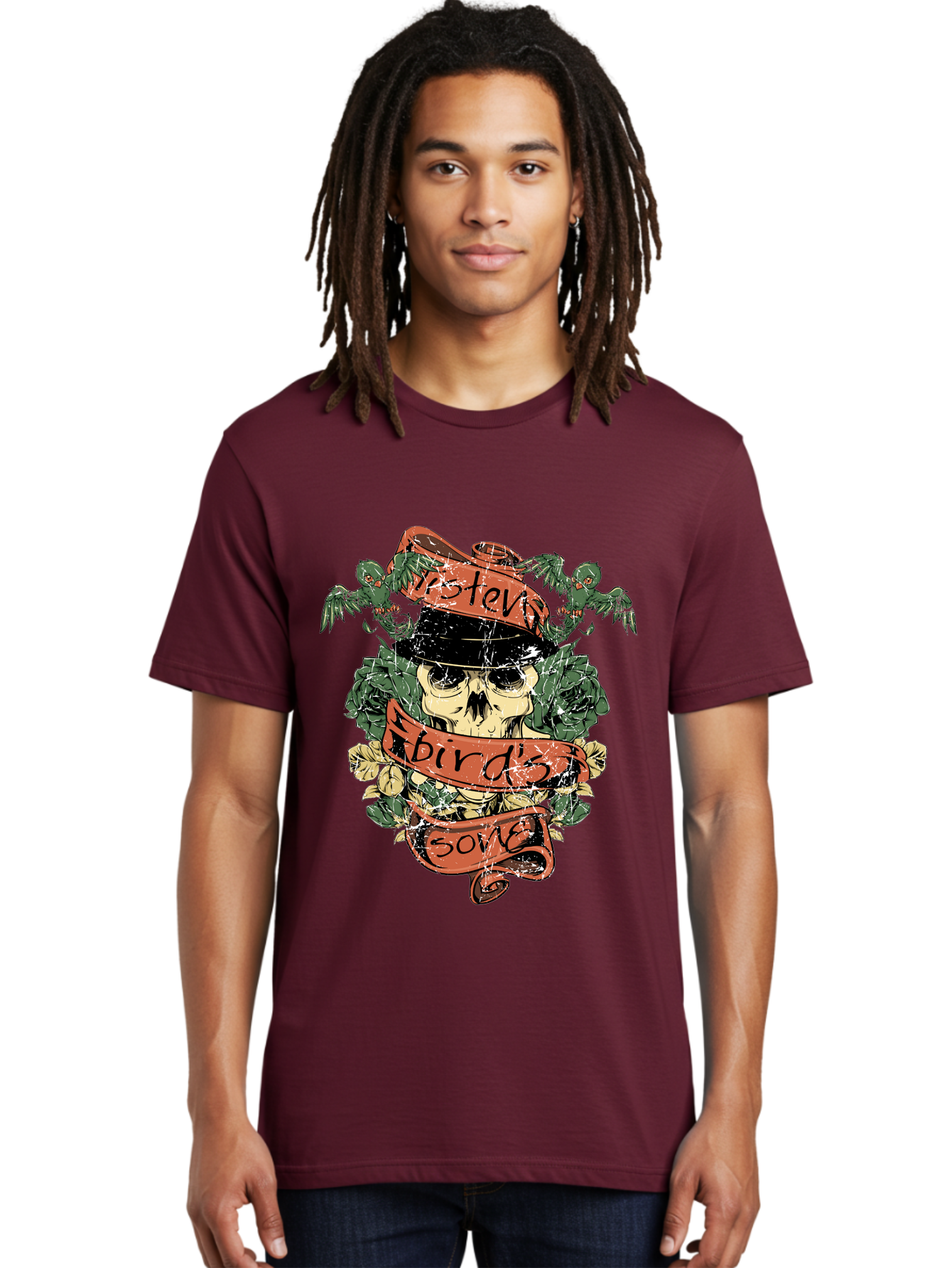 Birds & Bones Men'S Graphic Tee, 100% Cotton, Comfortable Casual Summer Wear, Machine Washable, Skull Wearing Black Hat, Floral Wreath, Red Ribbons, Steve Bird'S Song, Vintage Illustration, Tattoo Art, Grunge Style, Floral Design, Skull Art Aae146