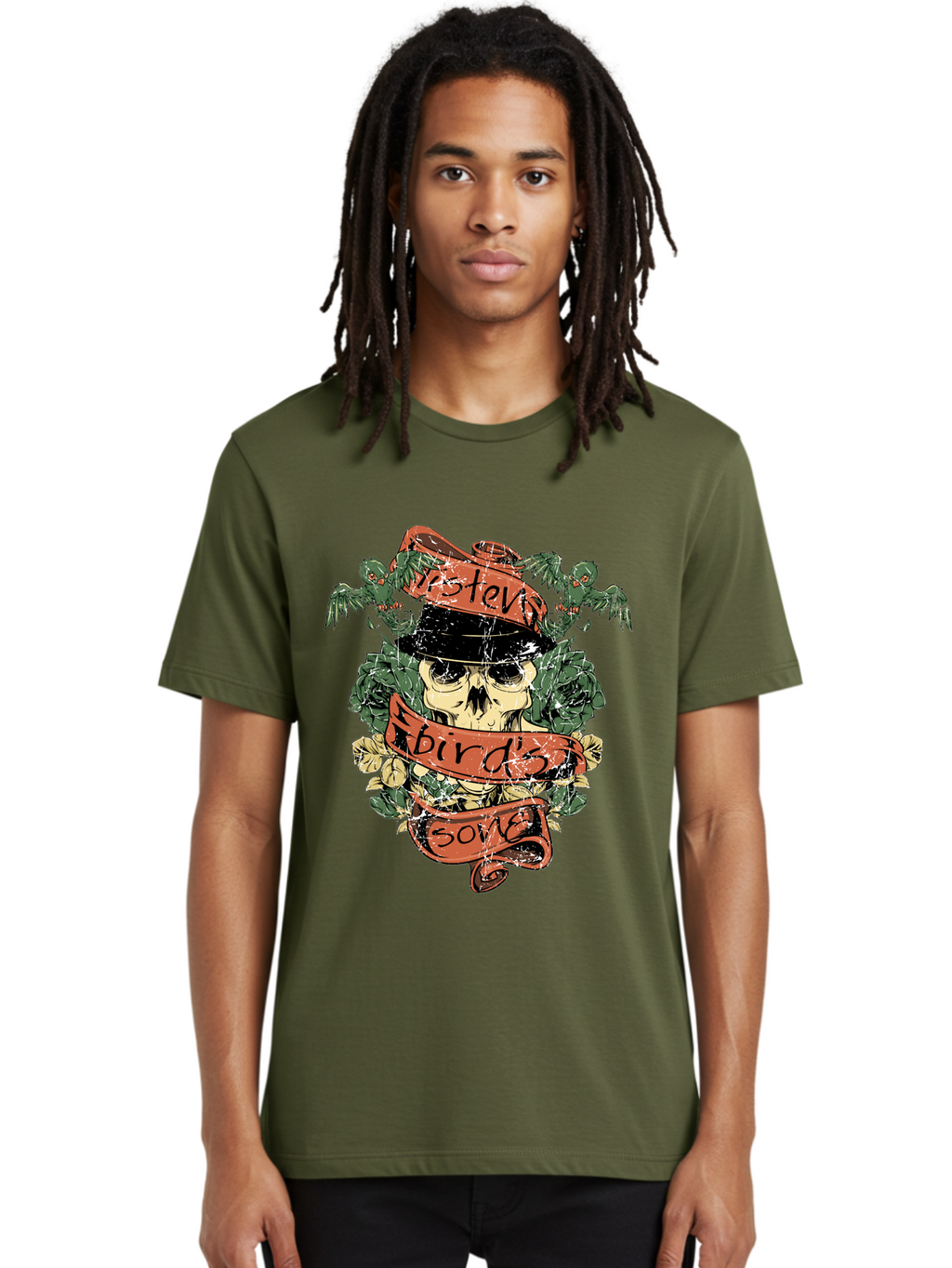 Birds & Bones Men'S Graphic Tee, 100% Cotton, Comfortable Casual Summer Wear, Machine Washable, Skull Wearing Black Hat, Floral Wreath, Red Ribbons, Steve Bird'S Song, Vintage Illustration, Tattoo Art, Grunge Style, Floral Design, Skull Art Aae146