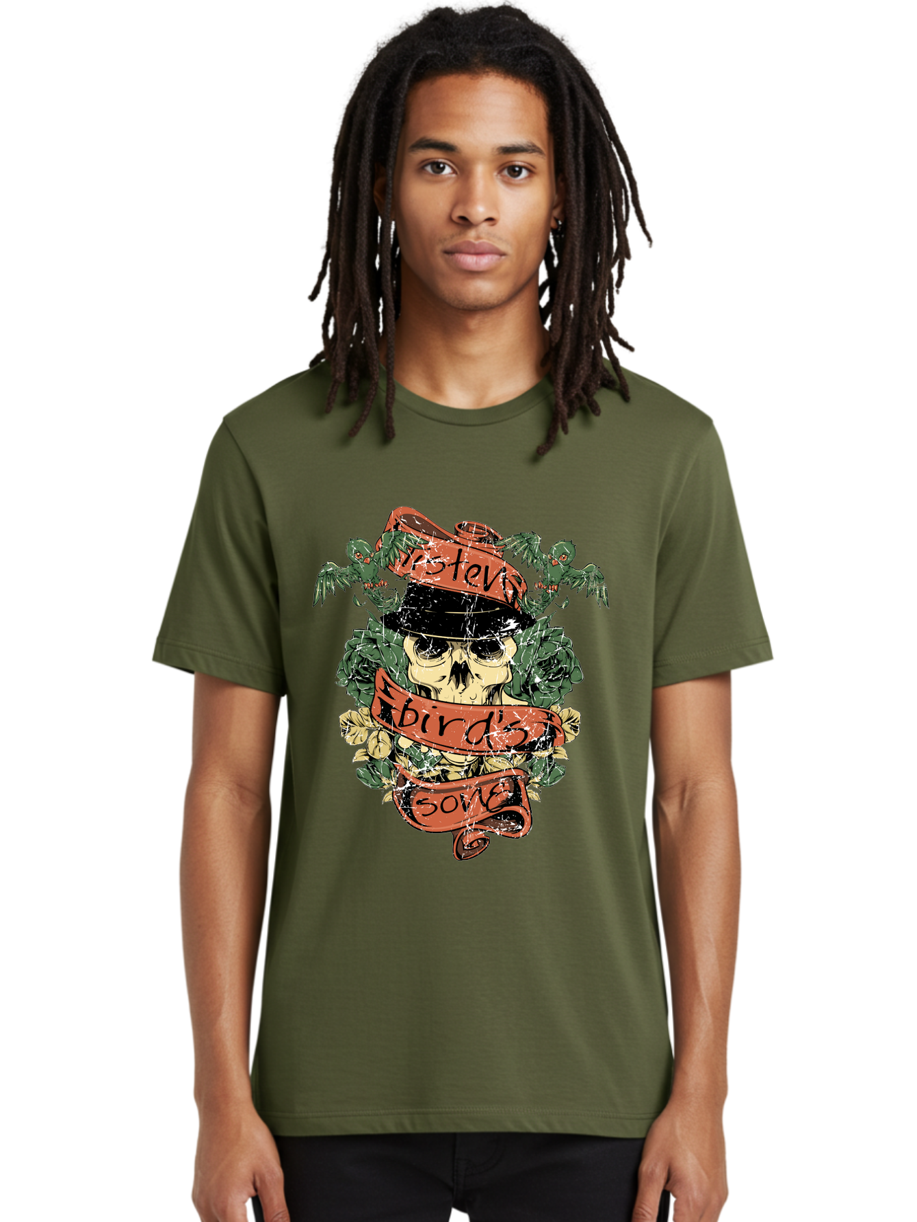 Birds & Bones Men'S Graphic Tee, 100% Cotton, Comfortable Casual Summer Wear, Machine Washable, Skull Wearing Black Hat, Floral Wreath, Red Ribbons, Steve Bird'S Song, Vintage Illustration, Tattoo Art, Grunge Style, Floral Design, Skull Art Aae146