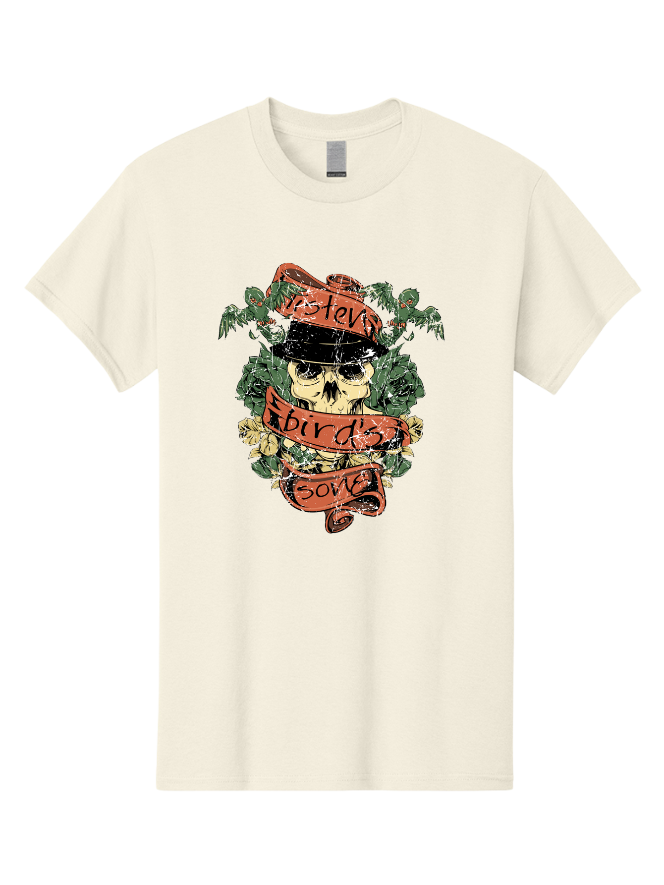 Birds & Bones Men'S Graphic Tee, 100% Cotton, Comfortable Casual Summer Wear, Machine Washable, Skull Wearing Black Hat, Floral Wreath, Red Ribbons, Steve Bird'S Song, Vintage Illustration, Tattoo Art, Grunge Style, Floral Design, Skull Art Aae146