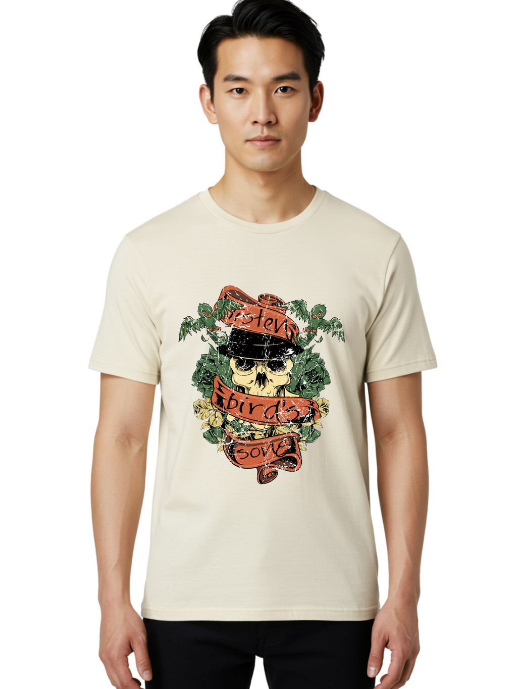 Birds & Bones Men'S Graphic Tee, 100% Cotton, Comfortable Casual Summer Wear, Machine Washable, Skull Wearing Black Hat, Floral Wreath, Red Ribbons, Steve Bird'S Song, Vintage Illustration, Tattoo Art, Grunge Style, Floral Design, Skull Art Aae146