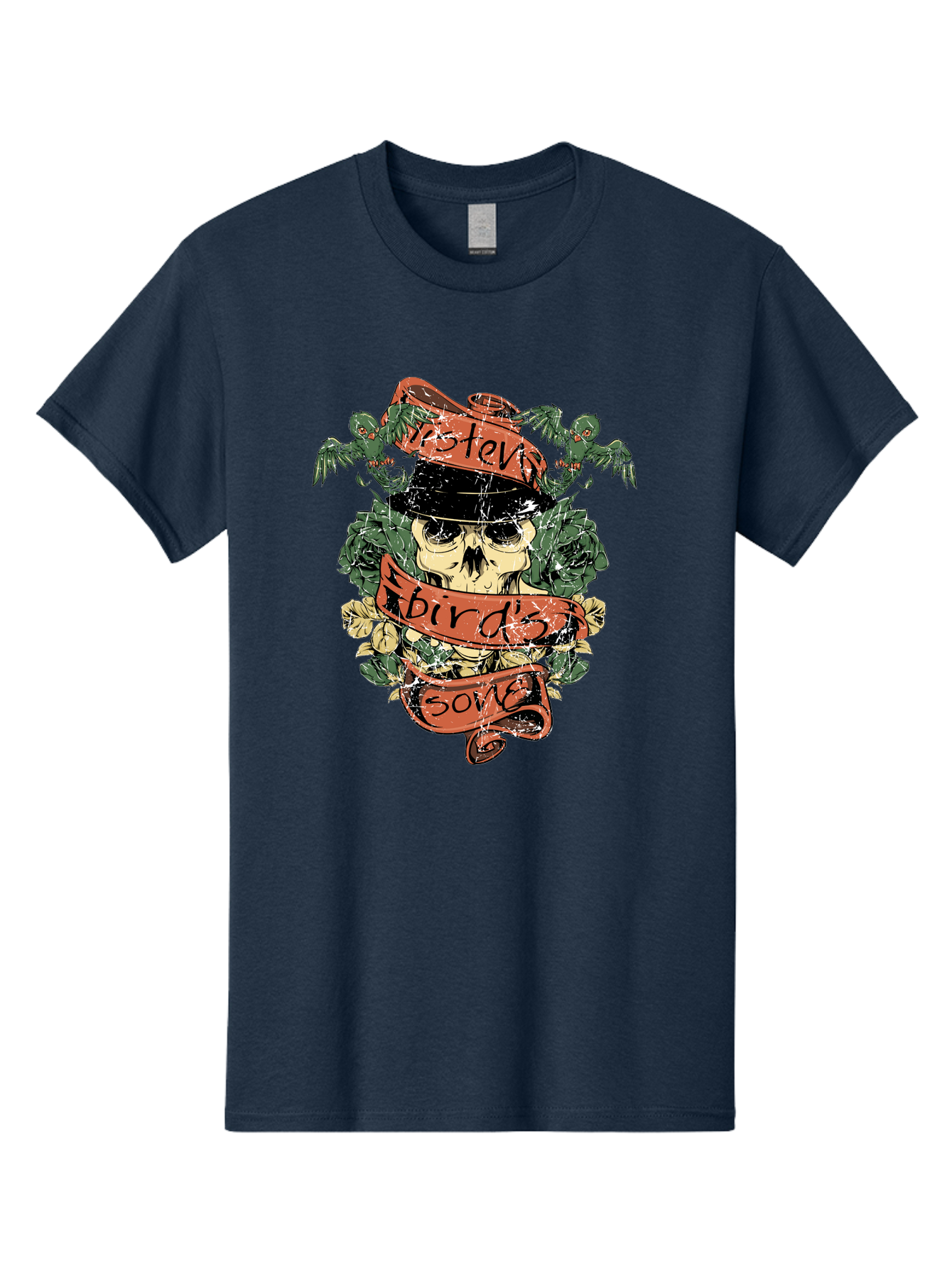 Birds & Bones Men'S Graphic Tee, 100% Cotton, Comfortable Casual Summer Wear, Machine Washable, Skull Wearing Black Hat, Floral Wreath, Red Ribbons, Steve Bird'S Song, Vintage Illustration, Tattoo Art, Grunge Style, Floral Design, Skull Art Aae146