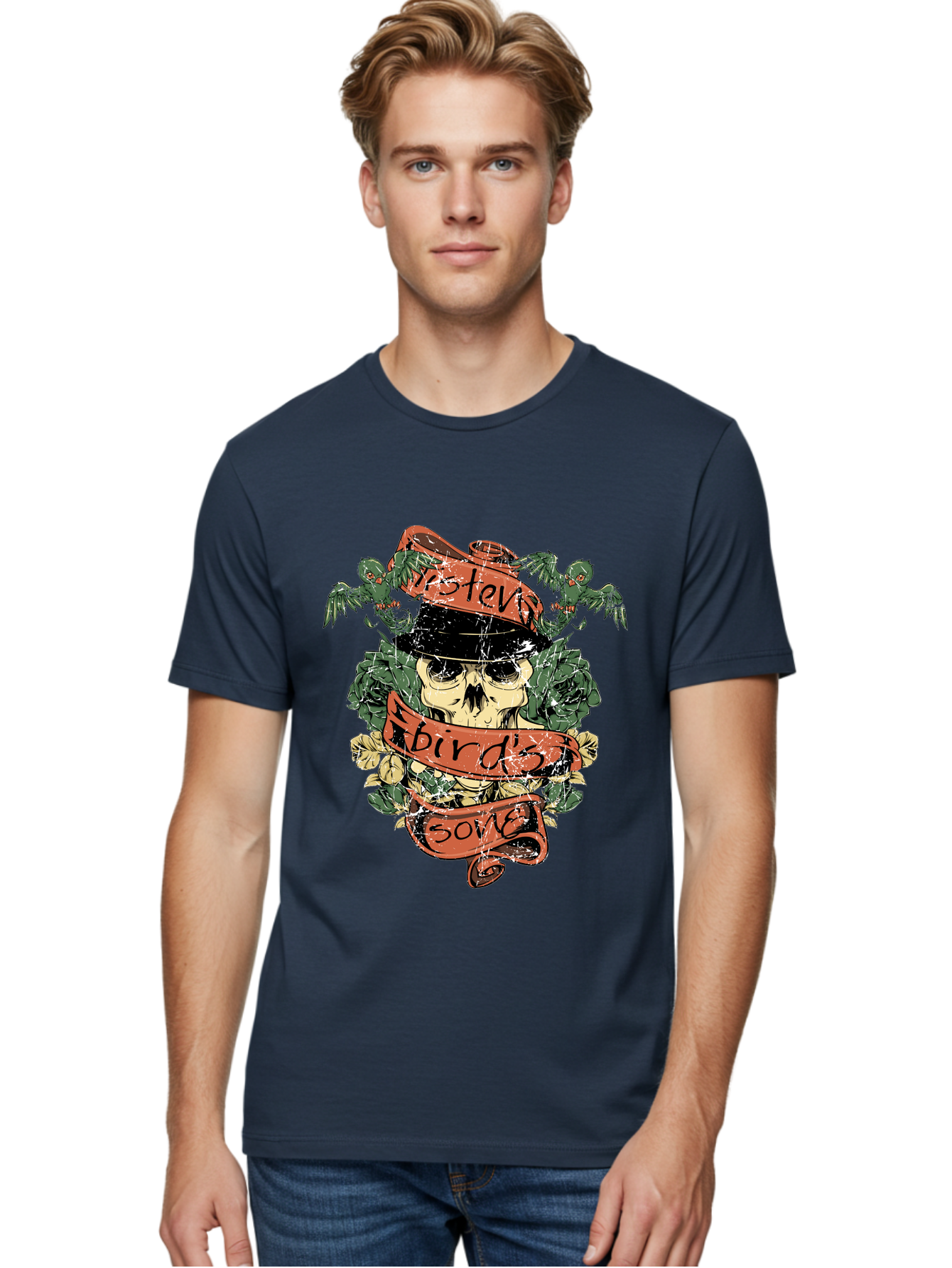Birds & Bones Men'S Graphic Tee, 100% Cotton, Comfortable Casual Summer Wear, Machine Washable, Skull Wearing Black Hat, Floral Wreath, Red Ribbons, Steve Bird'S Song, Vintage Illustration, Tattoo Art, Grunge Style, Floral Design, Skull Art Aae146
