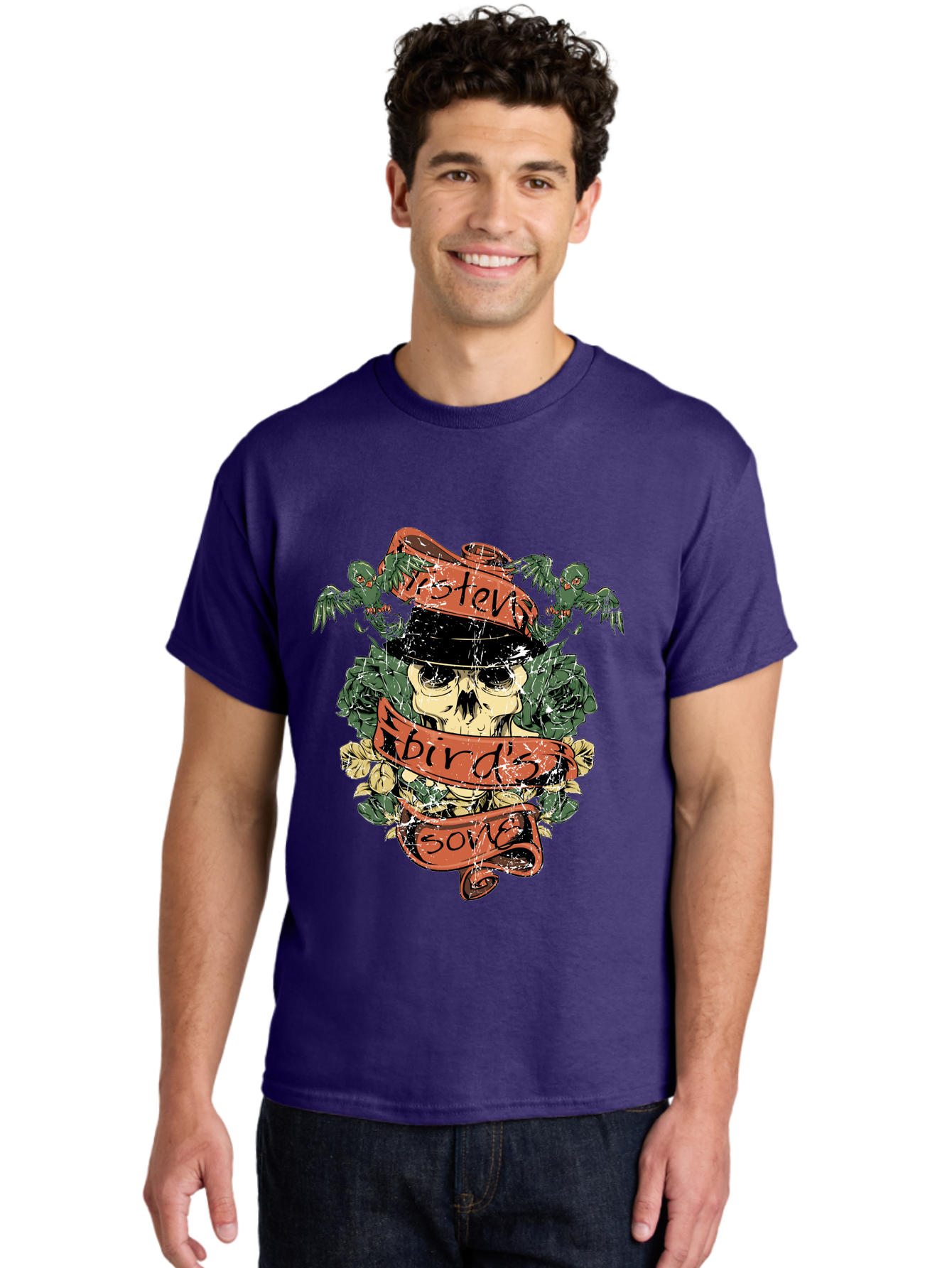 Birds & Bones Men'S Graphic Tee, 100% Cotton, Comfortable Casual Summer Wear, Machine Washable, Skull Wearing Black Hat, Floral Wreath, Red Ribbons, Steve Bird'S Song, Vintage Illustration, Tattoo Art, Grunge Style, Floral Design, Skull Art Aae146
