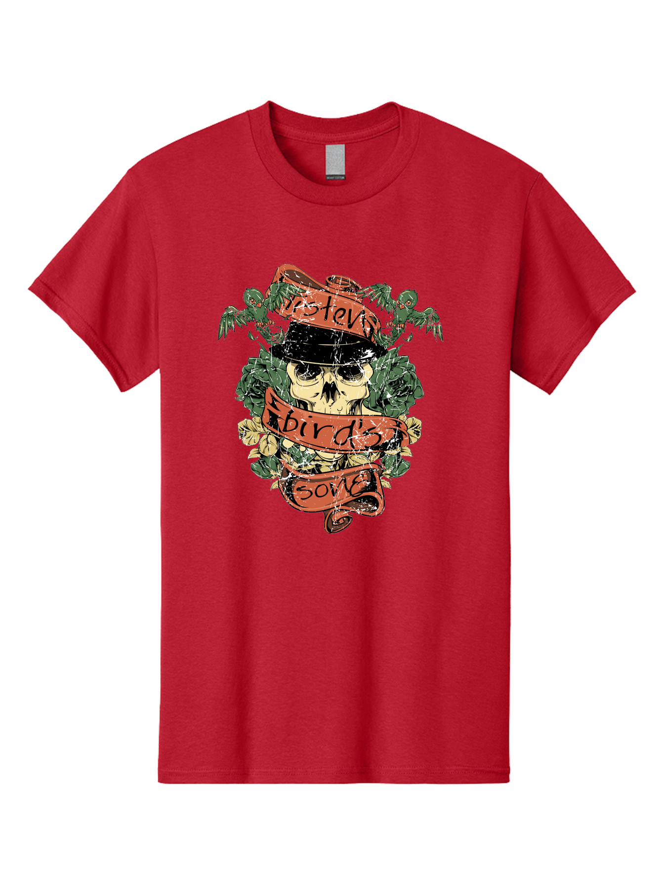 Birds & Bones Men'S Graphic Tee, 100% Cotton, Comfortable Casual Summer Wear, Machine Washable, Skull Wearing Black Hat, Floral Wreath, Red Ribbons, Steve Bird'S Song, Vintage Illustration, Tattoo Art, Grunge Style, Floral Design, Skull Art Aae146