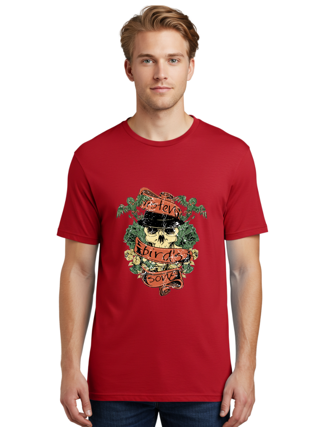 Birds & Bones Men'S Graphic Tee, 100% Cotton, Comfortable Casual Summer Wear, Machine Washable, Skull Wearing Black Hat, Floral Wreath, Red Ribbons, Steve Bird'S Song, Vintage Illustration, Tattoo Art, Grunge Style, Floral Design, Skull Art Aae146