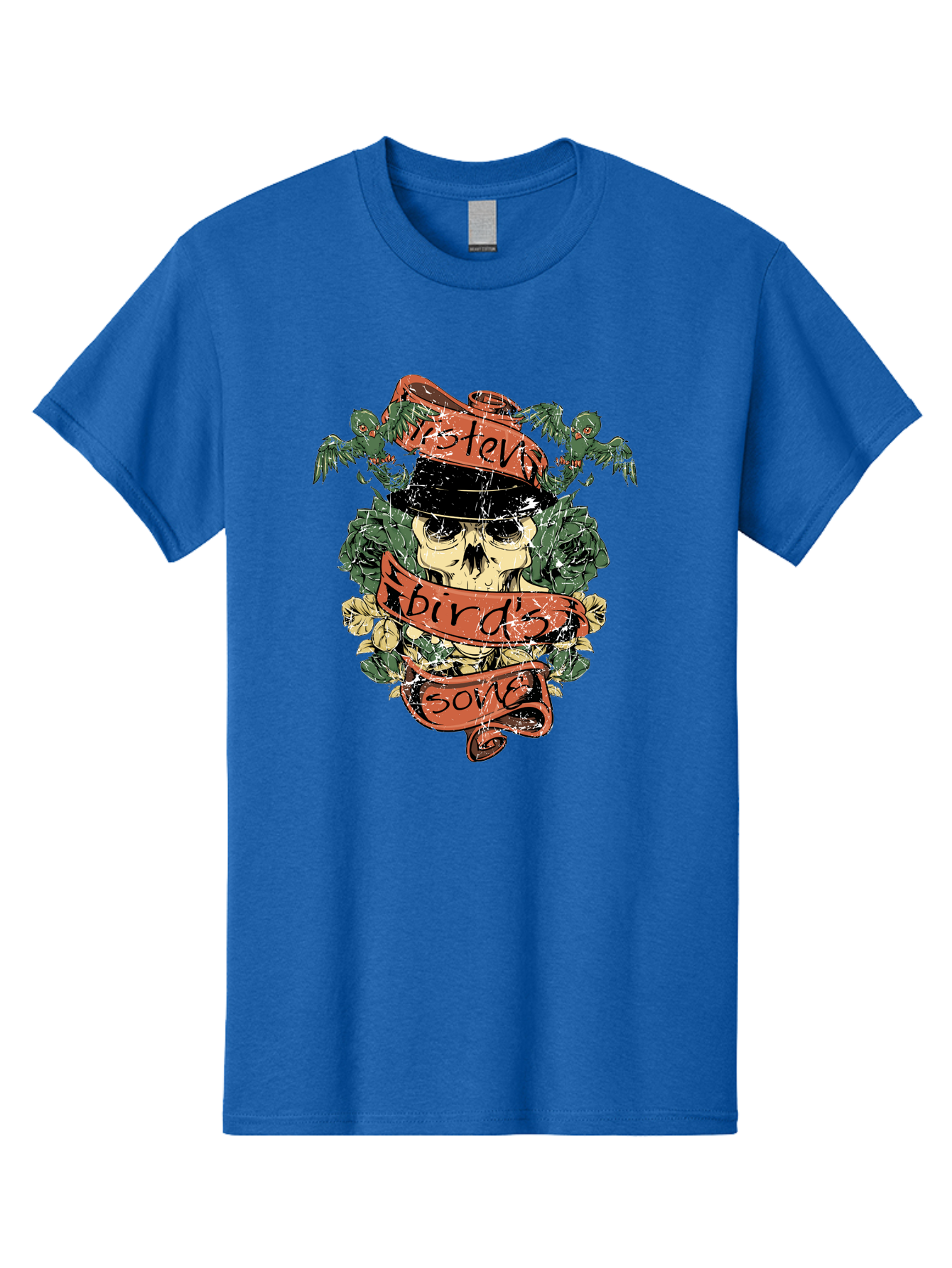Birds & Bones Men'S Graphic Tee, 100% Cotton, Comfortable Casual Summer Wear, Machine Washable, Skull Wearing Black Hat, Floral Wreath, Red Ribbons, Steve Bird'S Song, Vintage Illustration, Tattoo Art, Grunge Style, Floral Design, Skull Art Aae146