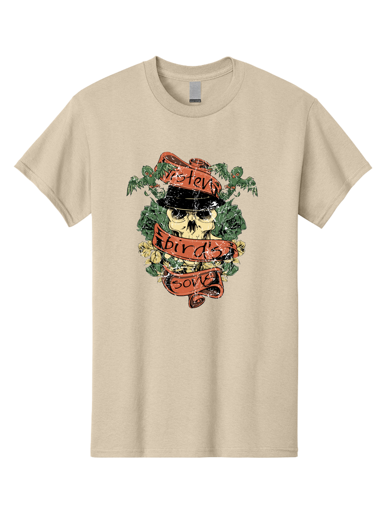 Birds & Bones Men'S Graphic Tee, 100% Cotton, Comfortable Casual Summer Wear, Machine Washable, Skull Wearing Black Hat, Floral Wreath, Red Ribbons, Steve Bird'S Song, Vintage Illustration, Tattoo Art, Grunge Style, Floral Design, Skull Art Aae146