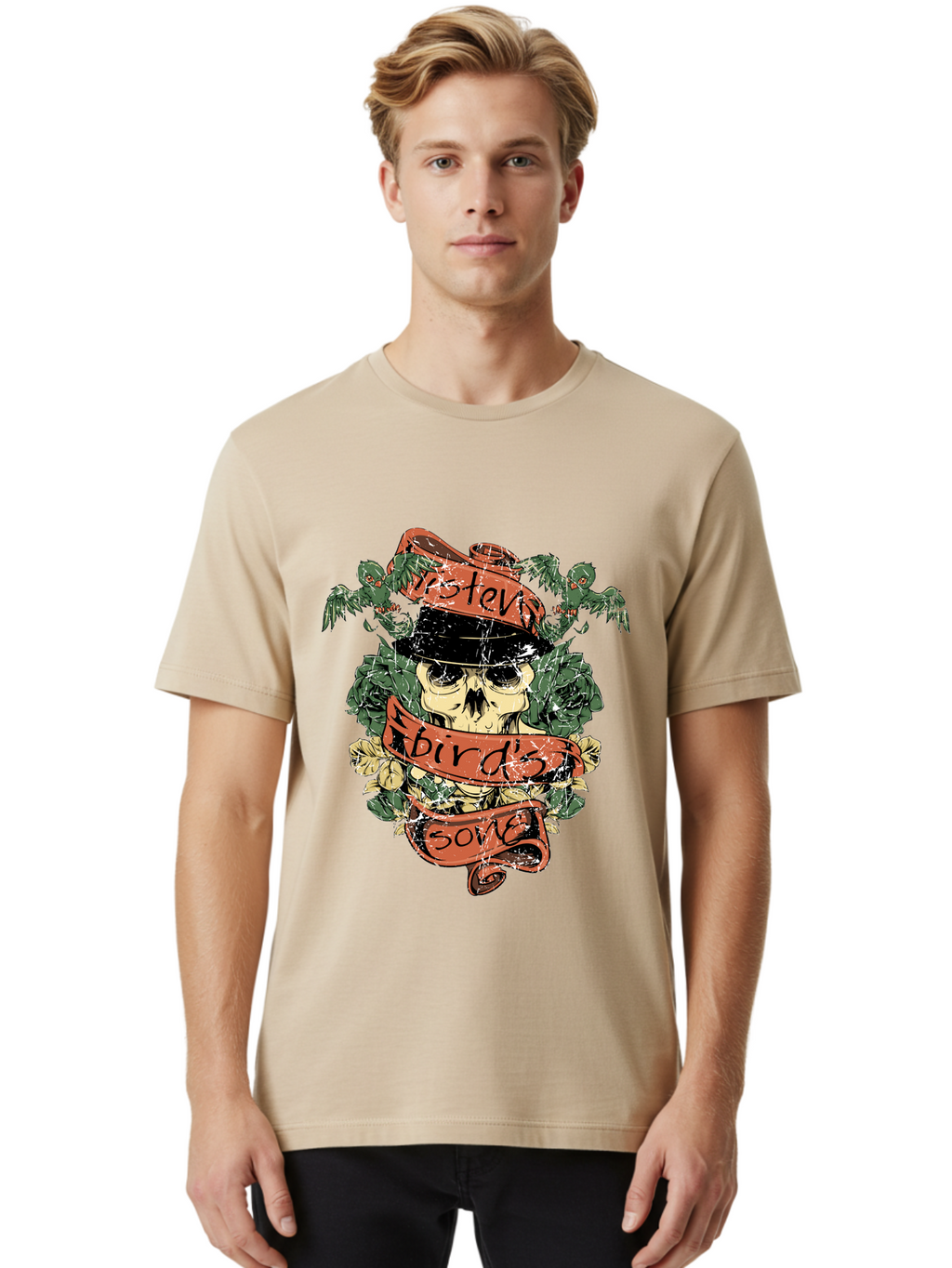 Birds & Bones Men'S Graphic Tee, 100% Cotton, Comfortable Casual Summer Wear, Machine Washable, Skull Wearing Black Hat, Floral Wreath, Red Ribbons, Steve Bird'S Song, Vintage Illustration, Tattoo Art, Grunge Style, Floral Design, Skull Art Aae146