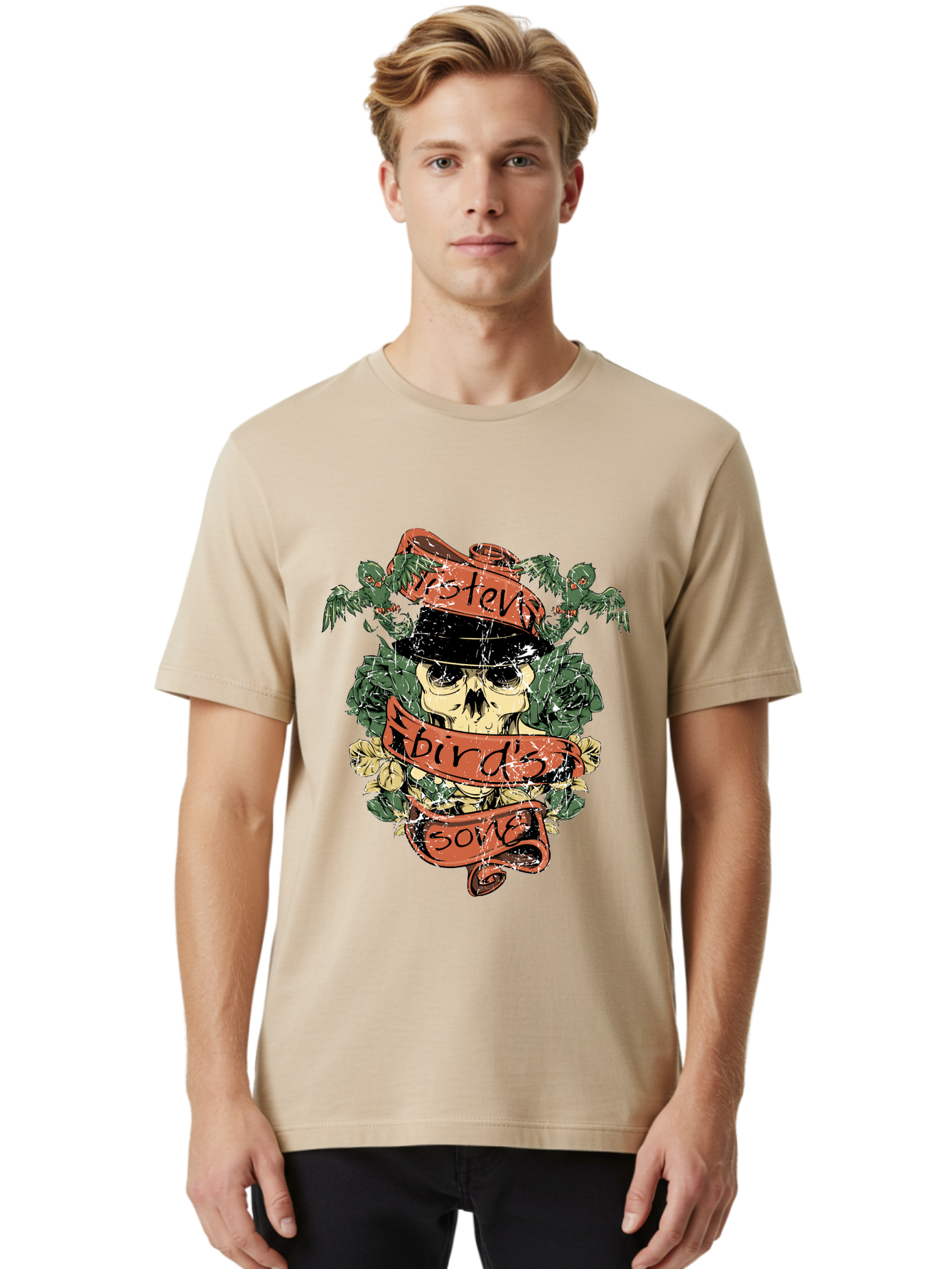 Birds & Bones Men'S Graphic Tee, 100% Cotton, Comfortable Casual Summer Wear, Machine Washable, Skull Wearing Black Hat, Floral Wreath, Red Ribbons, Steve Bird'S Song, Vintage Illustration, Tattoo Art, Grunge Style, Floral Design, Skull Art Aae146