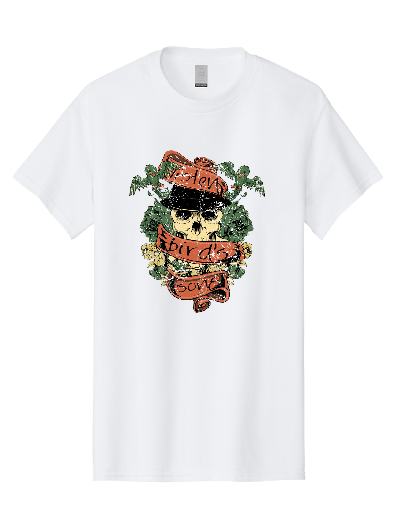 Birds & Bones Men'S Graphic Tee, 100% Cotton, Comfortable Casual Summer Wear, Machine Washable, Skull Wearing Black Hat, Floral Wreath, Red Ribbons, Steve Bird'S Song, Vintage Illustration, Tattoo Art, Grunge Style, Floral Design, Skull Art Aae146