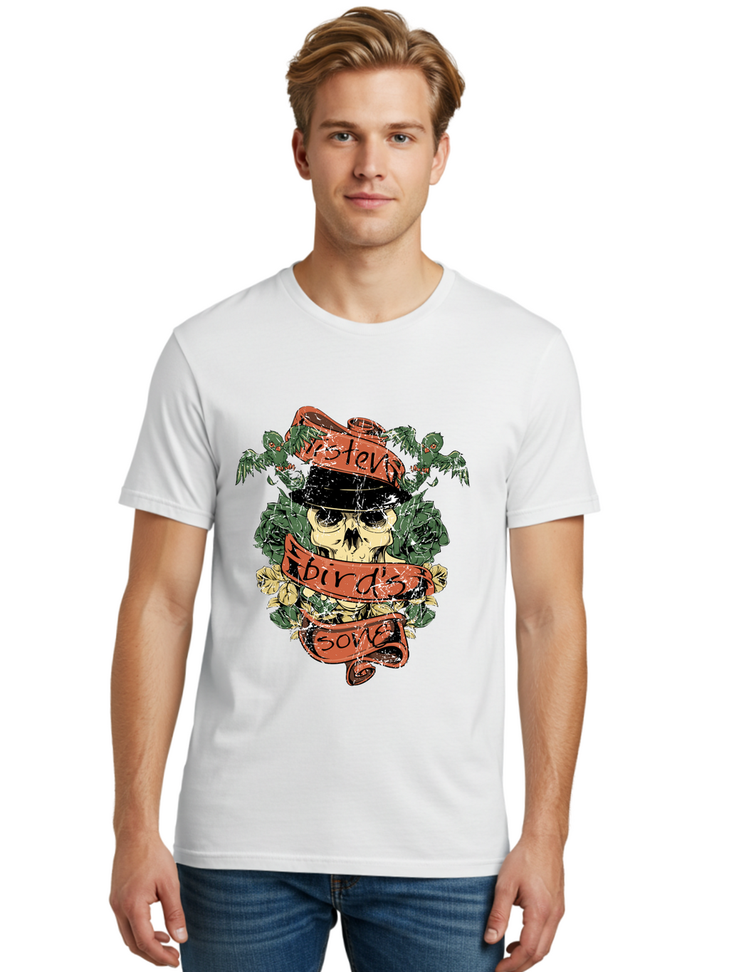 Birds & Bones Men'S Graphic Tee, 100% Cotton, Comfortable Casual Summer Wear, Machine Washable, Skull Wearing Black Hat, Floral Wreath, Red Ribbons, Steve Bird'S Song, Vintage Illustration, Tattoo Art, Grunge Style, Floral Design, Skull Art Aae146