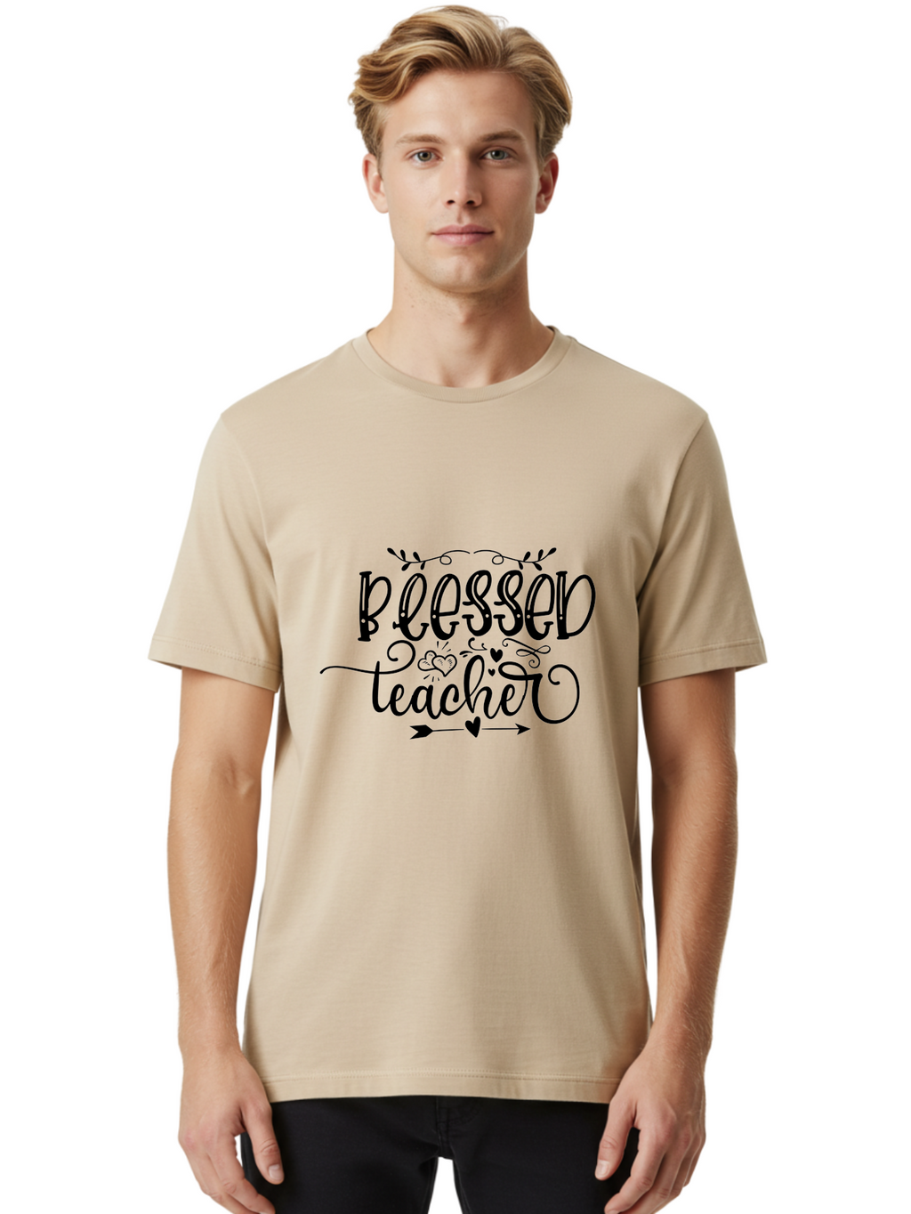 Blessed Teacher Men'S Graphic Tee, 100% Cotton, Comfortable Casual Summer Wear, Machine Washable, Teacher Appreciation, Inspirational Quotes, Heartfelt Messages, Loving Teachers, Gratitude, Black Typography, Elegant Design, Heartwarming, Aae147