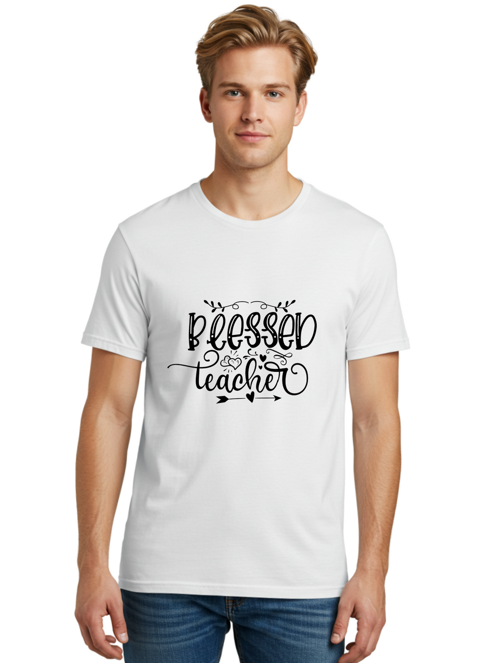 Blessed Teacher Men'S Graphic Tee, 100% Cotton, Comfortable Casual Summer Wear, Machine Washable, Teacher Appreciation, Inspirational Quotes, Heartfelt Messages, Loving Teachers, Gratitude, Black Typography, Elegant Design, Heartwarming, Aae147