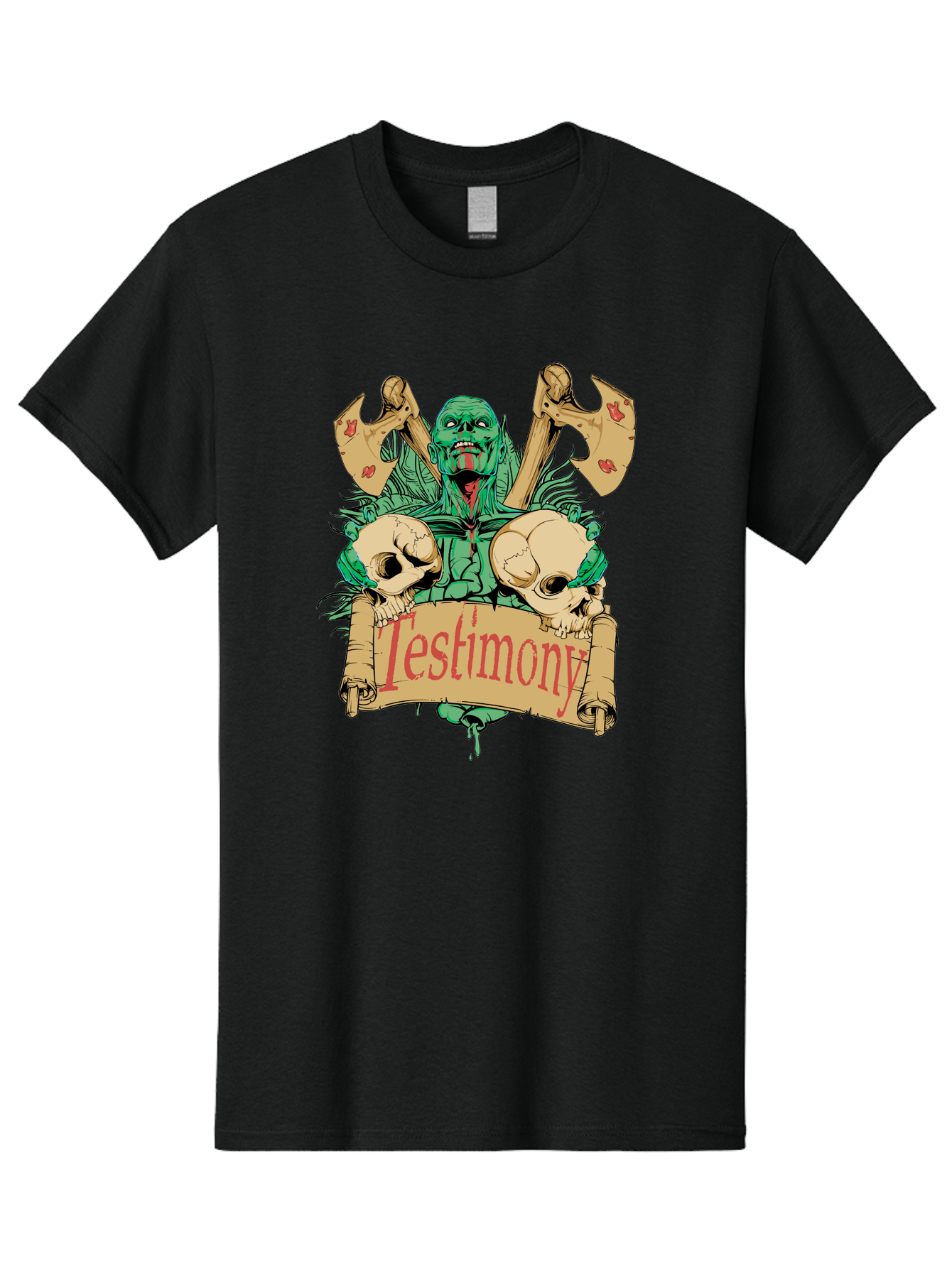 Blood Axe Testimony Men'S Graphic Tee, 100% Cotton, Comfortable Casual Summer Wear, Machine Washable, Zombie Holding Banner, Testimony Scroll, Skulls And Axes, Horror Elements, Dark Fantasy Art, Eerie Atmosphere, Intense Graphic Design, Aae149