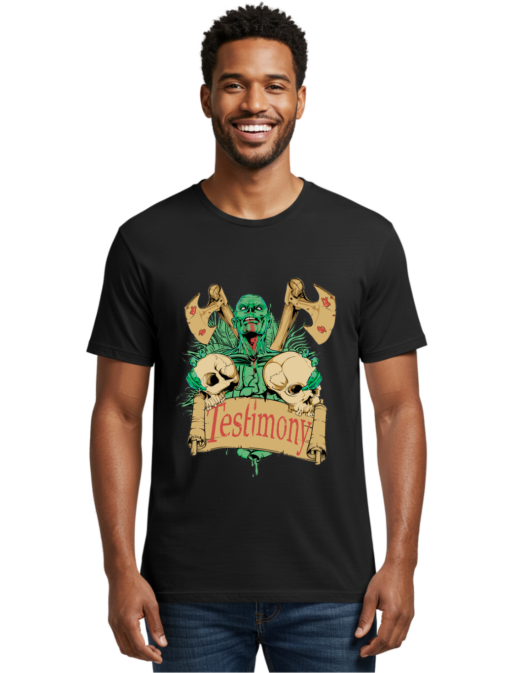 Blood Axe Testimony Men'S Graphic Tee, 100% Cotton, Comfortable Casual Summer Wear, Machine Washable, Zombie Holding Banner, Testimony Scroll, Skulls And Axes, Horror Elements, Dark Fantasy Art, Eerie Atmosphere, Intense Graphic Design, Aae149