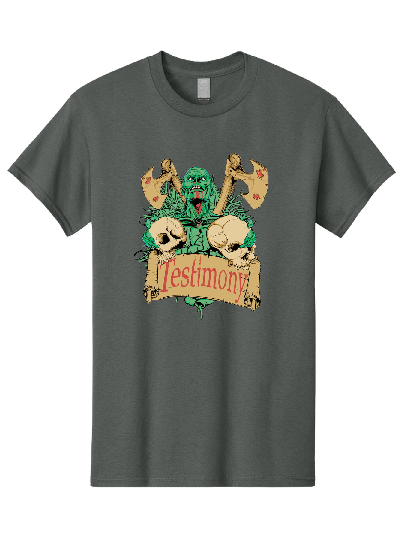 Blood Axe Testimony Men'S Graphic Tee, 100% Cotton, Comfortable Casual Summer Wear, Machine Washable, Zombie Holding Banner, Testimony Scroll, Skulls And Axes, Horror Elements, Dark Fantasy Art, Eerie Atmosphere, Intense Graphic Design, Aae149