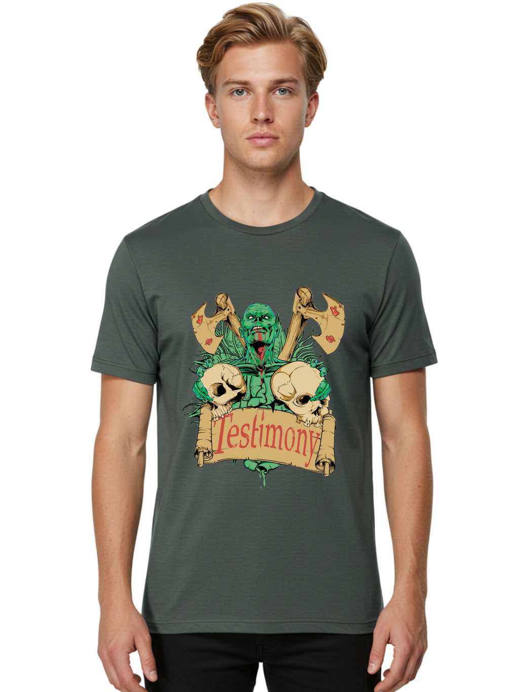 Blood Axe Testimony Men'S Graphic Tee, 100% Cotton, Comfortable Casual Summer Wear, Machine Washable, Zombie Holding Banner, Testimony Scroll, Skulls And Axes, Horror Elements, Dark Fantasy Art, Eerie Atmosphere, Intense Graphic Design, Aae149