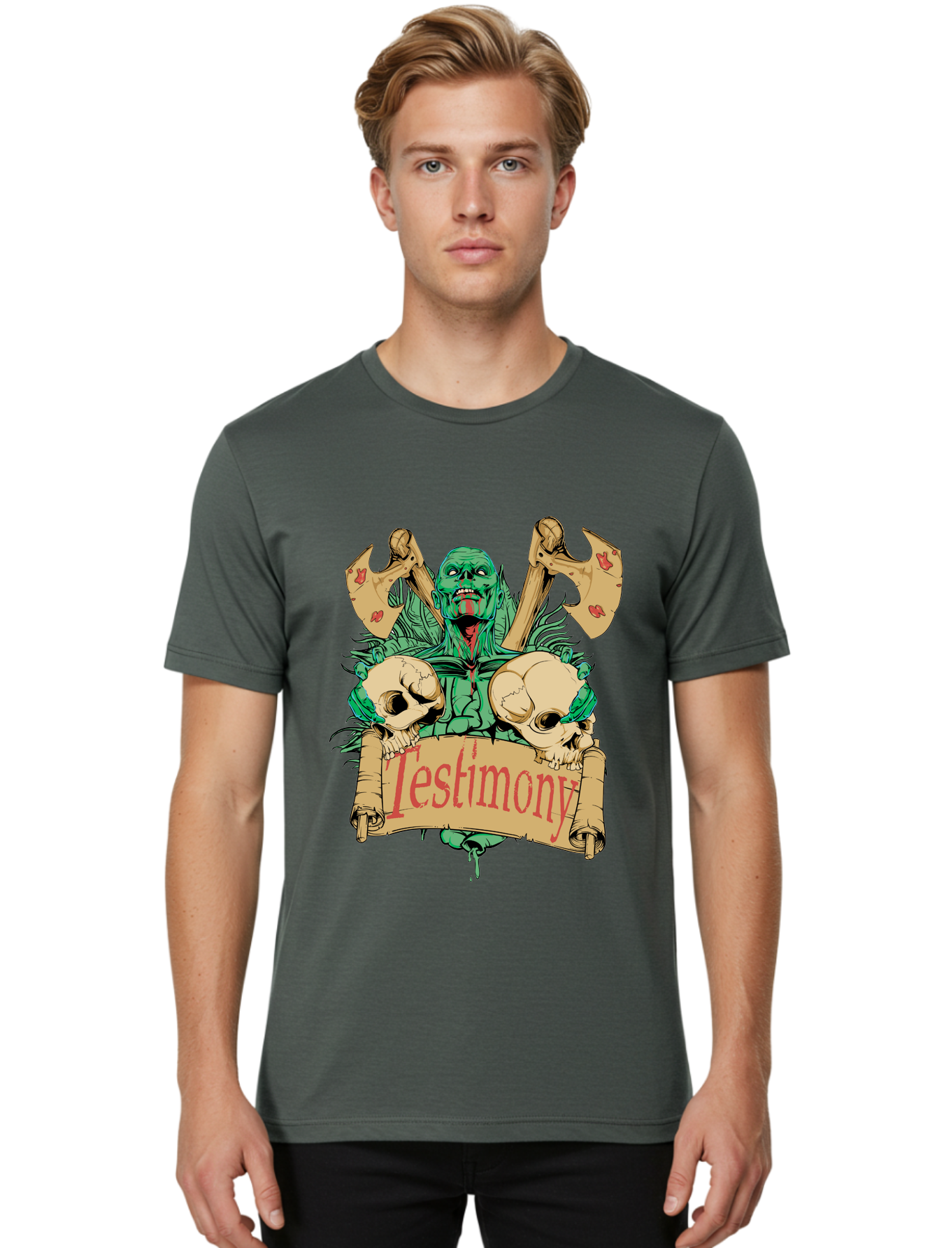 Blood Axe Testimony Men'S Graphic Tee, 100% Cotton, Comfortable Casual Summer Wear, Machine Washable, Zombie Holding Banner, Testimony Scroll, Skulls And Axes, Horror Elements, Dark Fantasy Art, Eerie Atmosphere, Intense Graphic Design, Aae149