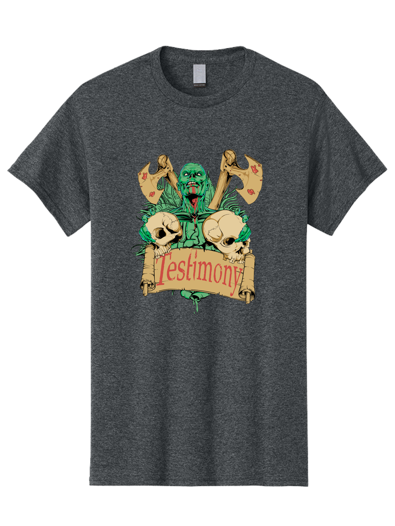 Blood Axe Testimony Men'S Graphic Tee, 100% Cotton, Comfortable Casual Summer Wear, Machine Washable, Zombie Holding Banner, Testimony Scroll, Skulls And Axes, Horror Elements, Dark Fantasy Art, Eerie Atmosphere, Intense Graphic Design, Aae149