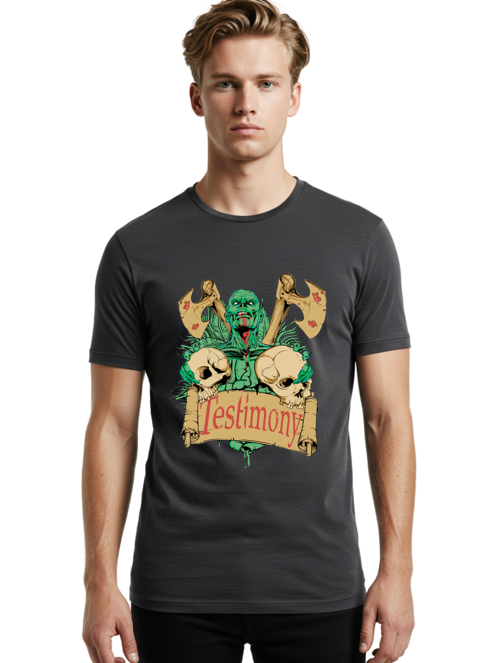 Blood Axe Testimony Men'S Graphic Tee, 100% Cotton, Comfortable Casual Summer Wear, Machine Washable, Zombie Holding Banner, Testimony Scroll, Skulls And Axes, Horror Elements, Dark Fantasy Art, Eerie Atmosphere, Intense Graphic Design, Aae149