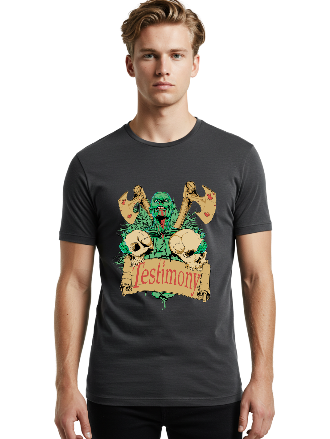 Blood Axe Testimony Men'S Graphic Tee, 100% Cotton, Comfortable Casual Summer Wear, Machine Washable, Zombie Holding Banner, Testimony Scroll, Skulls And Axes, Horror Elements, Dark Fantasy Art, Eerie Atmosphere, Intense Graphic Design, Aae149