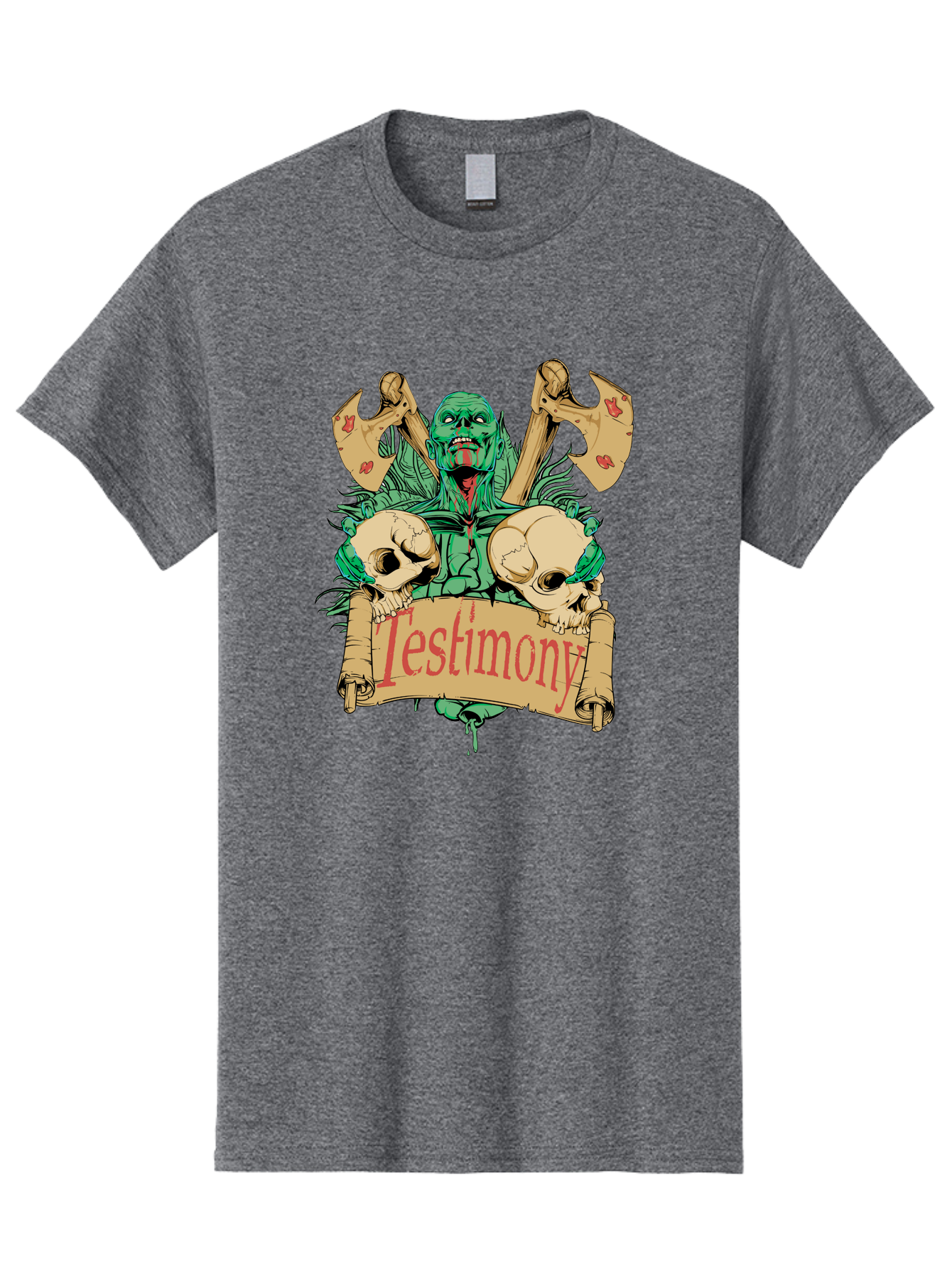 Blood Axe Testimony Men'S Graphic Tee, 100% Cotton, Comfortable Casual Summer Wear, Machine Washable, Zombie Holding Banner, Testimony Scroll, Skulls And Axes, Horror Elements, Dark Fantasy Art, Eerie Atmosphere, Intense Graphic Design, Aae149