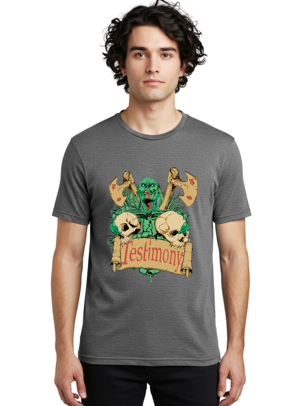 Blood Axe Testimony Men'S Graphic Tee, 100% Cotton, Comfortable Casual Summer Wear, Machine Washable, Zombie Holding Banner, Testimony Scroll, Skulls And Axes, Horror Elements, Dark Fantasy Art, Eerie Atmosphere, Intense Graphic Design, Aae149