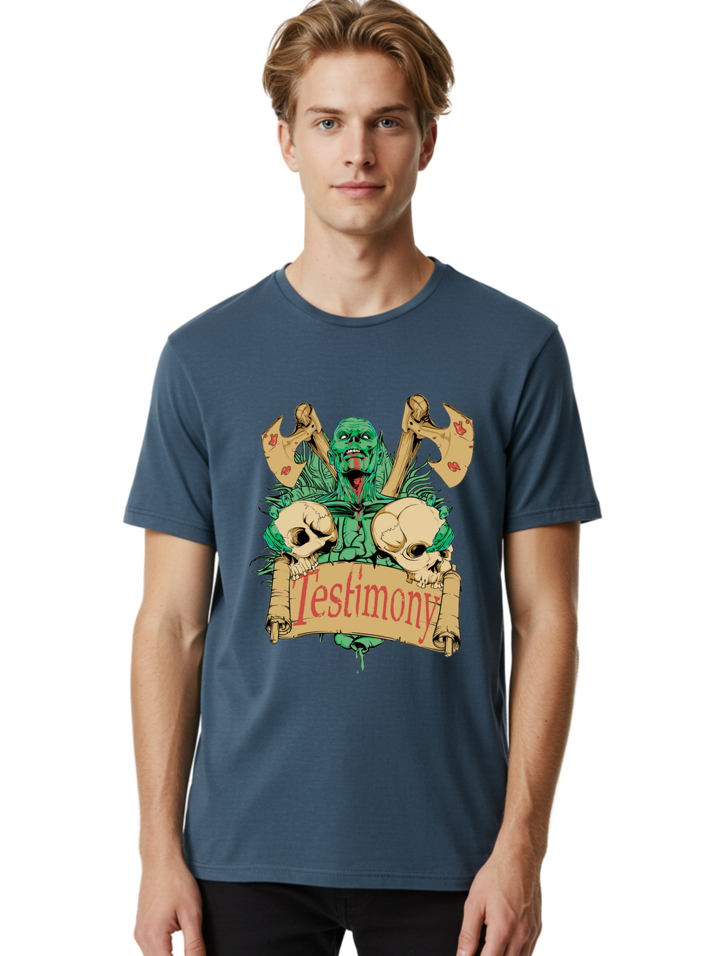 Blood Axe Testimony Men'S Graphic Tee, 100% Cotton, Comfortable Casual Summer Wear, Machine Washable, Zombie Holding Banner, Testimony Scroll, Skulls And Axes, Horror Elements, Dark Fantasy Art, Eerie Atmosphere, Intense Graphic Design, Aae149