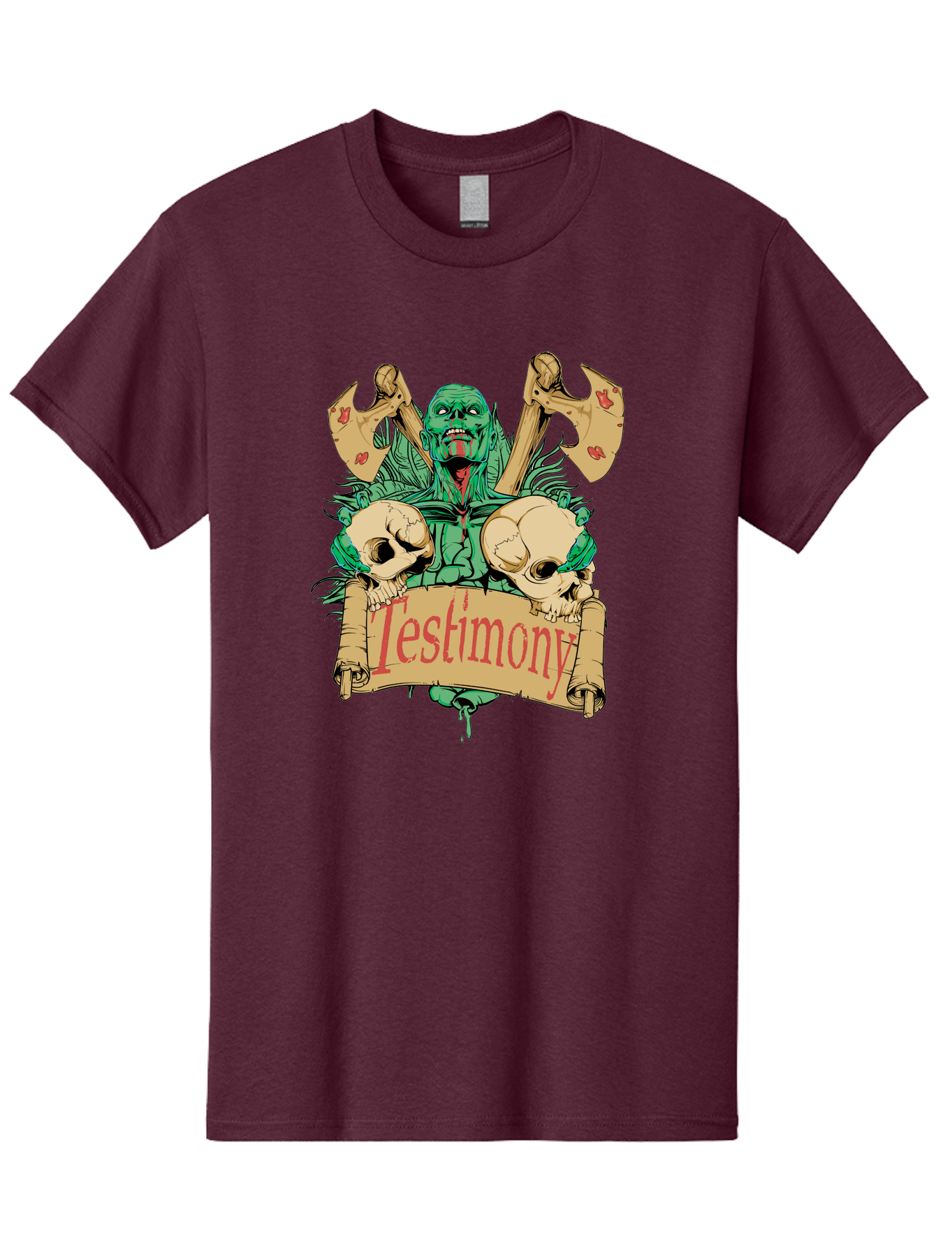 Blood Axe Testimony Men'S Graphic Tee, 100% Cotton, Comfortable Casual Summer Wear, Machine Washable, Zombie Holding Banner, Testimony Scroll, Skulls And Axes, Horror Elements, Dark Fantasy Art, Eerie Atmosphere, Intense Graphic Design, Aae149