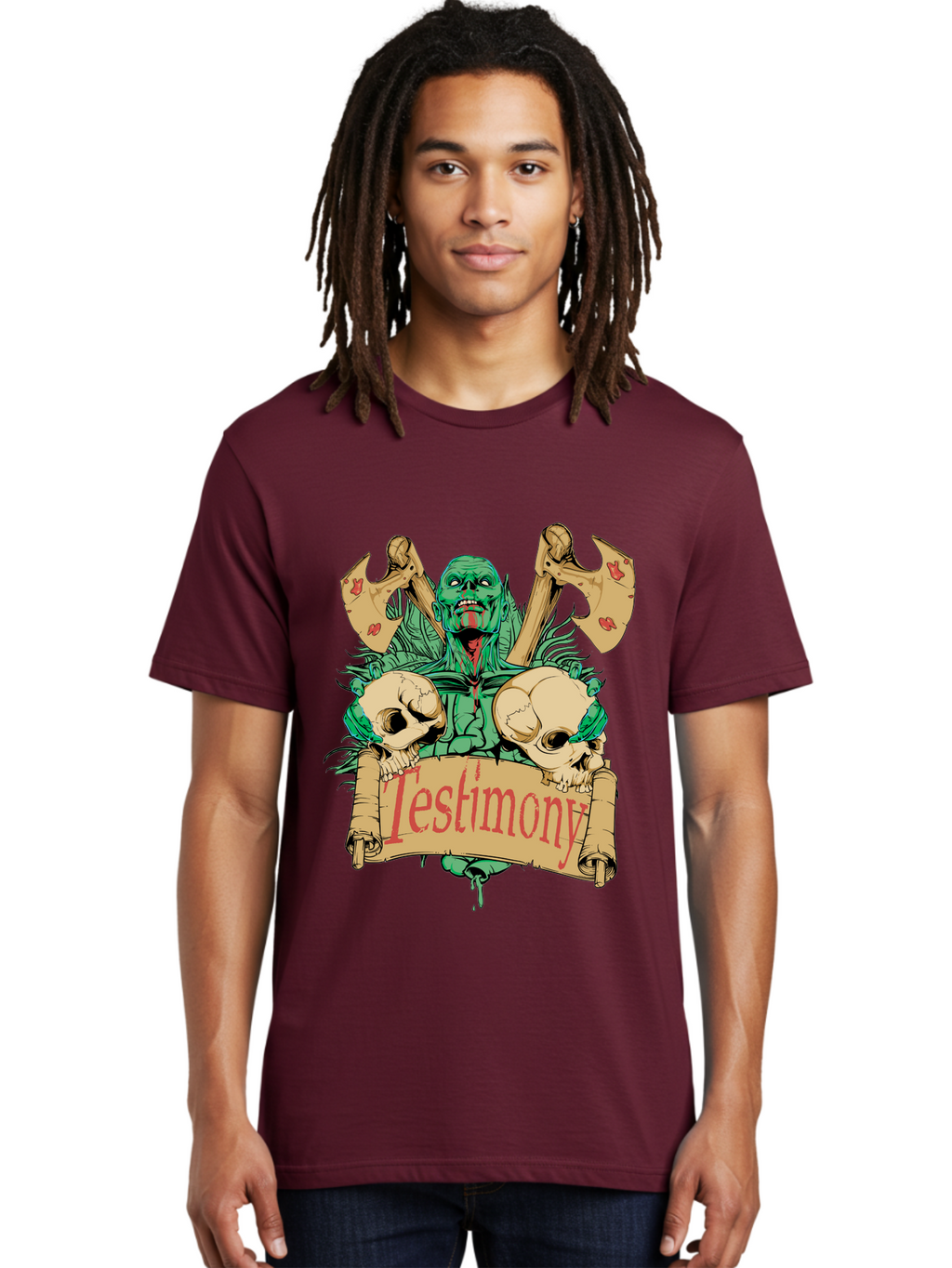 Blood Axe Testimony Men'S Graphic Tee, 100% Cotton, Comfortable Casual Summer Wear, Machine Washable, Zombie Holding Banner, Testimony Scroll, Skulls And Axes, Horror Elements, Dark Fantasy Art, Eerie Atmosphere, Intense Graphic Design, Aae149