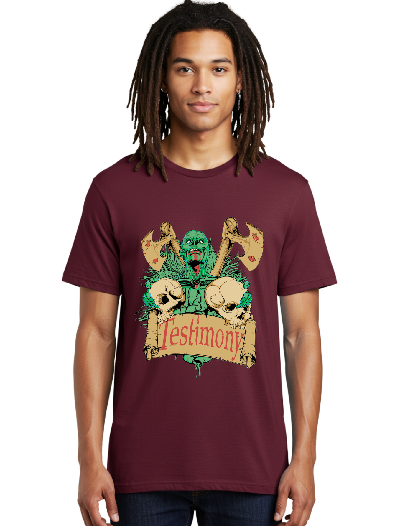 Blood Axe Testimony Men'S Graphic Tee, 100% Cotton, Comfortable Casual Summer Wear, Machine Washable, Zombie Holding Banner, Testimony Scroll, Skulls And Axes, Horror Elements, Dark Fantasy Art, Eerie Atmosphere, Intense Graphic Design, Aae149