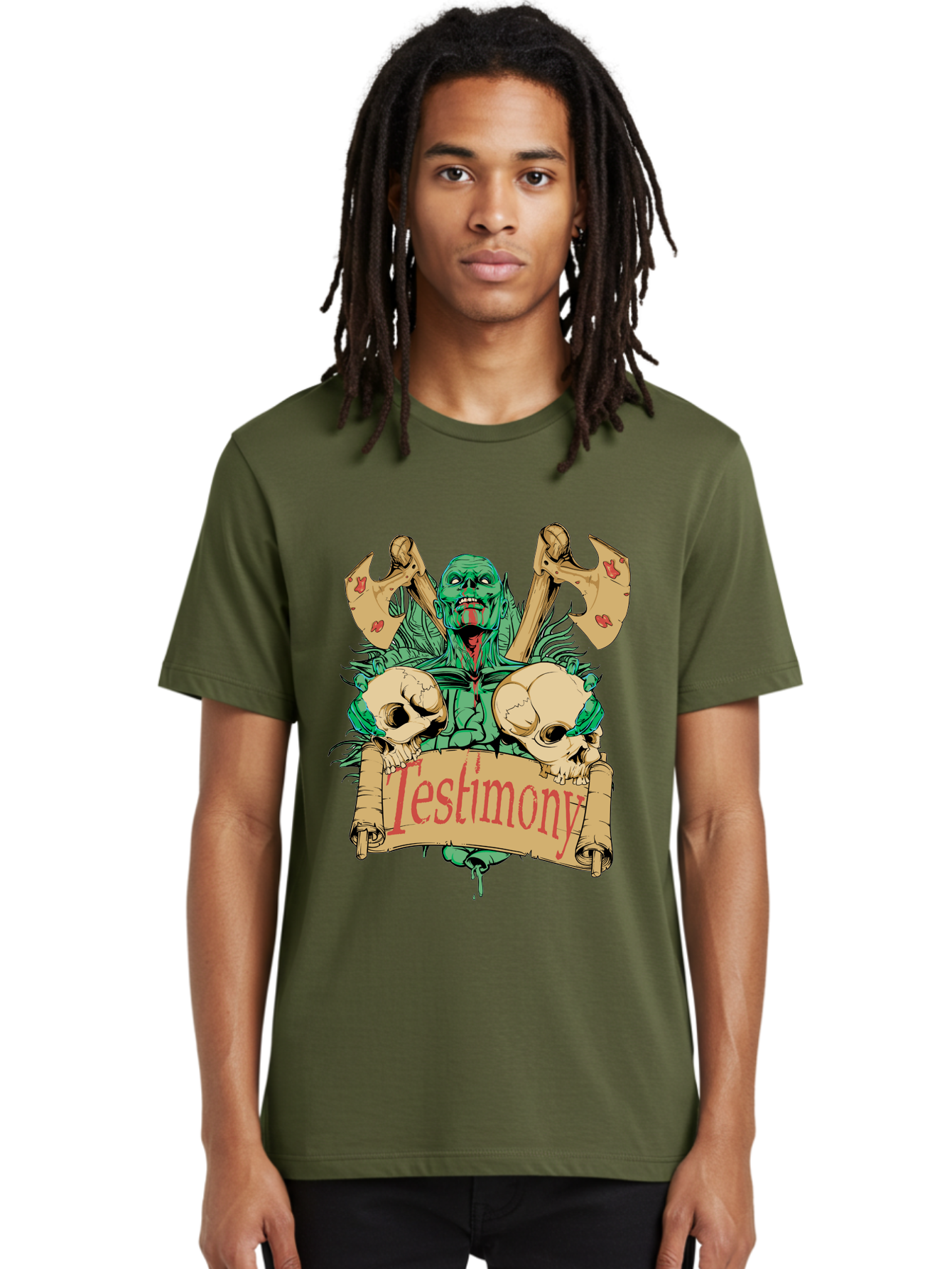 Blood Axe Testimony Men'S Graphic Tee, 100% Cotton, Comfortable Casual Summer Wear, Machine Washable, Zombie Holding Banner, Testimony Scroll, Skulls And Axes, Horror Elements, Dark Fantasy Art, Eerie Atmosphere, Intense Graphic Design, Aae149