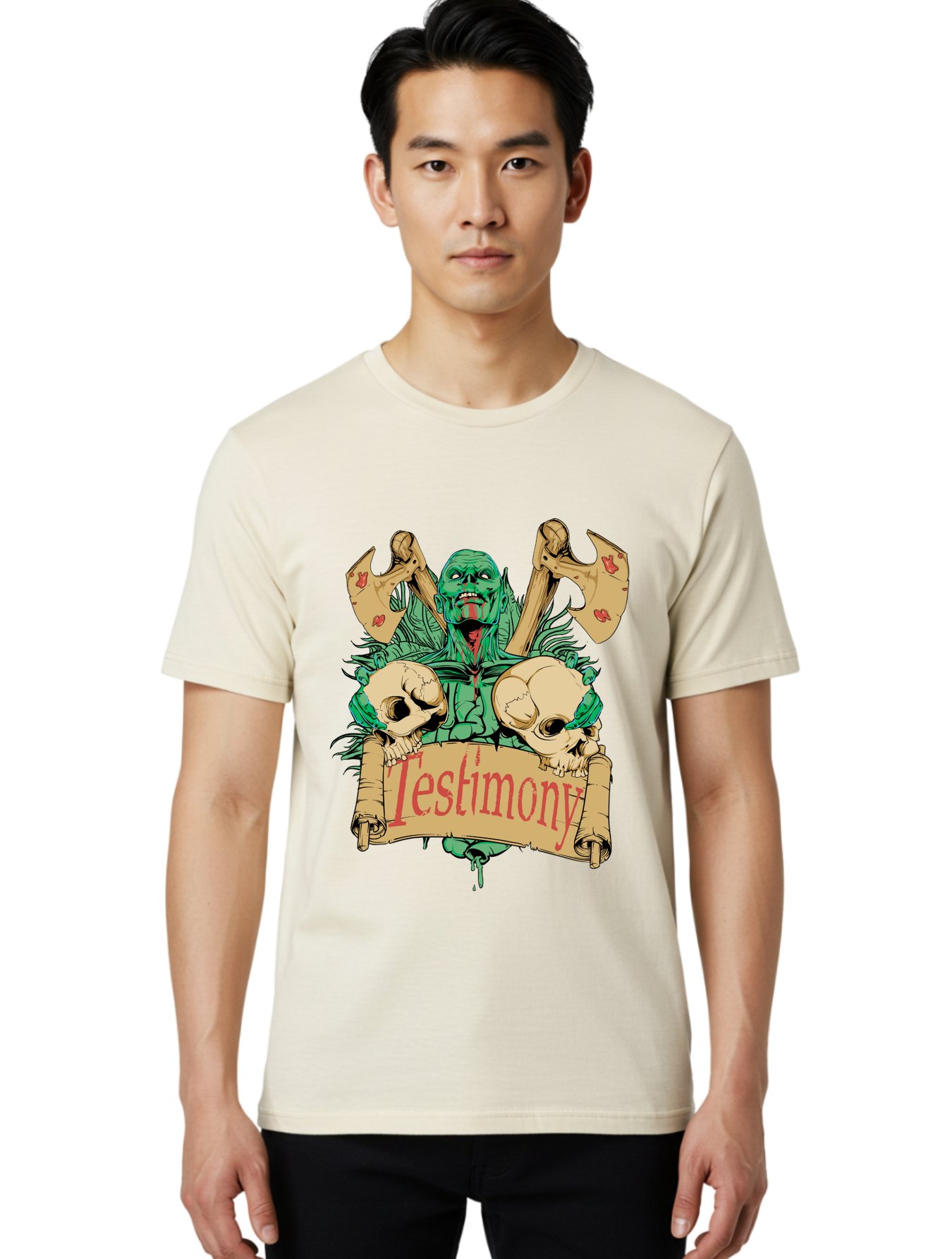 Blood Axe Testimony Men'S Graphic Tee, 100% Cotton, Comfortable Casual Summer Wear, Machine Washable, Zombie Holding Banner, Testimony Scroll, Skulls And Axes, Horror Elements, Dark Fantasy Art, Eerie Atmosphere, Intense Graphic Design, Aae149
