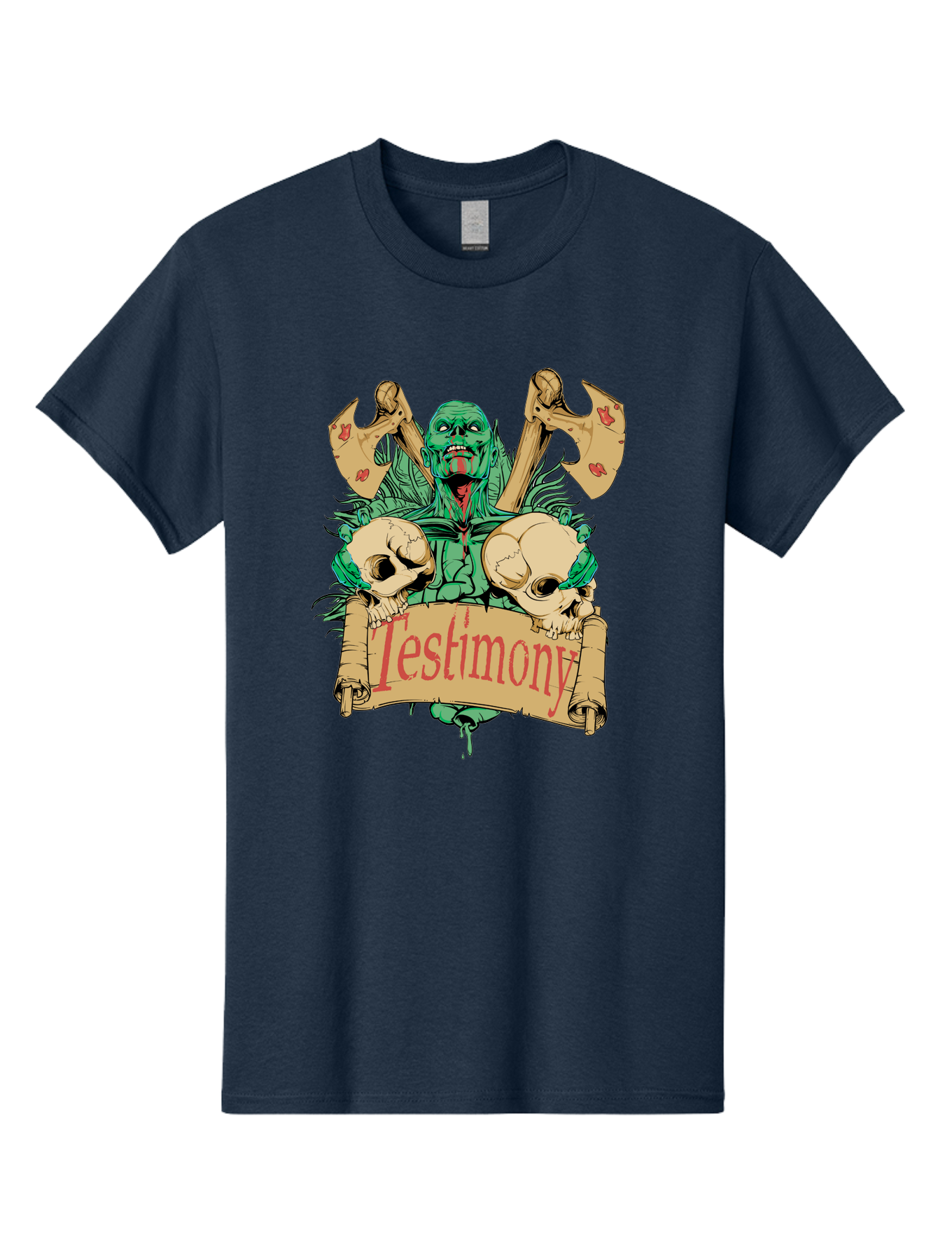 Blood Axe Testimony Men'S Graphic Tee, 100% Cotton, Comfortable Casual Summer Wear, Machine Washable, Zombie Holding Banner, Testimony Scroll, Skulls And Axes, Horror Elements, Dark Fantasy Art, Eerie Atmosphere, Intense Graphic Design, Aae149