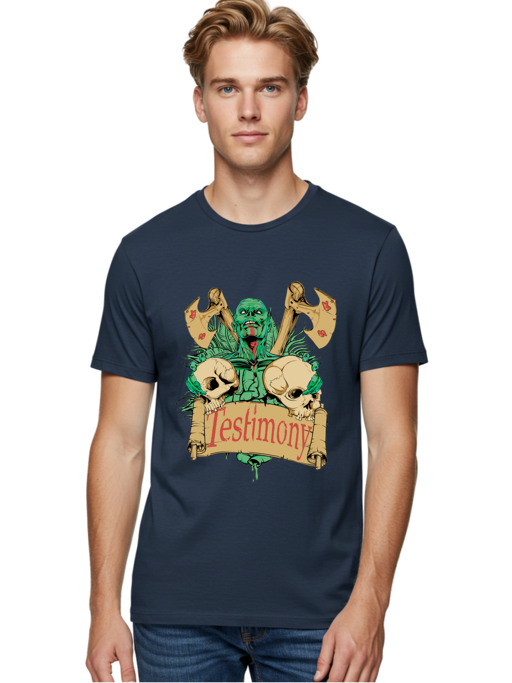 Blood Axe Testimony Men'S Graphic Tee, 100% Cotton, Comfortable Casual Summer Wear, Machine Washable, Zombie Holding Banner, Testimony Scroll, Skulls And Axes, Horror Elements, Dark Fantasy Art, Eerie Atmosphere, Intense Graphic Design, Aae149