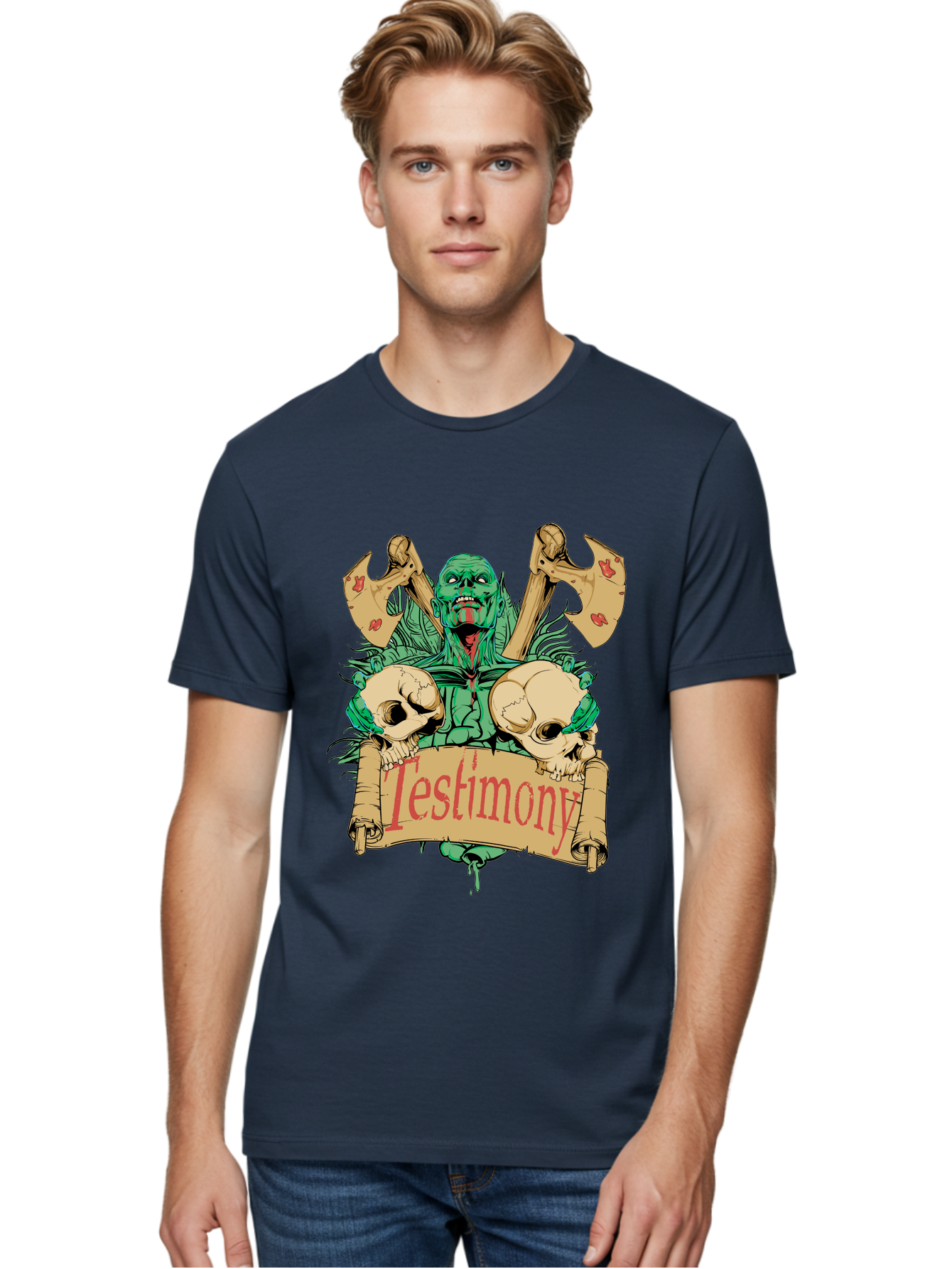 Blood Axe Testimony Men'S Graphic Tee, 100% Cotton, Comfortable Casual Summer Wear, Machine Washable, Zombie Holding Banner, Testimony Scroll, Skulls And Axes, Horror Elements, Dark Fantasy Art, Eerie Atmosphere, Intense Graphic Design, Aae149