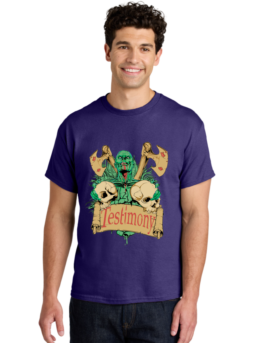 Blood Axe Testimony Men'S Graphic Tee, 100% Cotton, Comfortable Casual Summer Wear, Machine Washable, Zombie Holding Banner, Testimony Scroll, Skulls And Axes, Horror Elements, Dark Fantasy Art, Eerie Atmosphere, Intense Graphic Design, Aae149